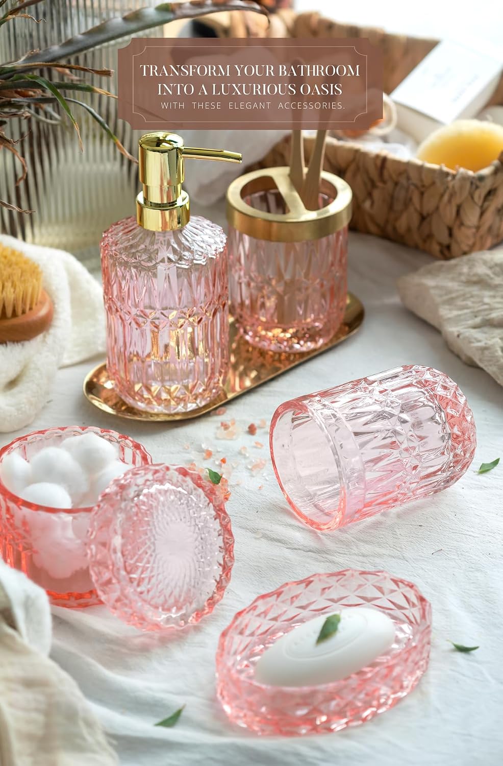 EMPO 6PCS Bathroom Clear Glass Accessories Set (Lotion Soap Dispenser, Soap Dish, Toothbrush Holder, Tumbler, Cotton