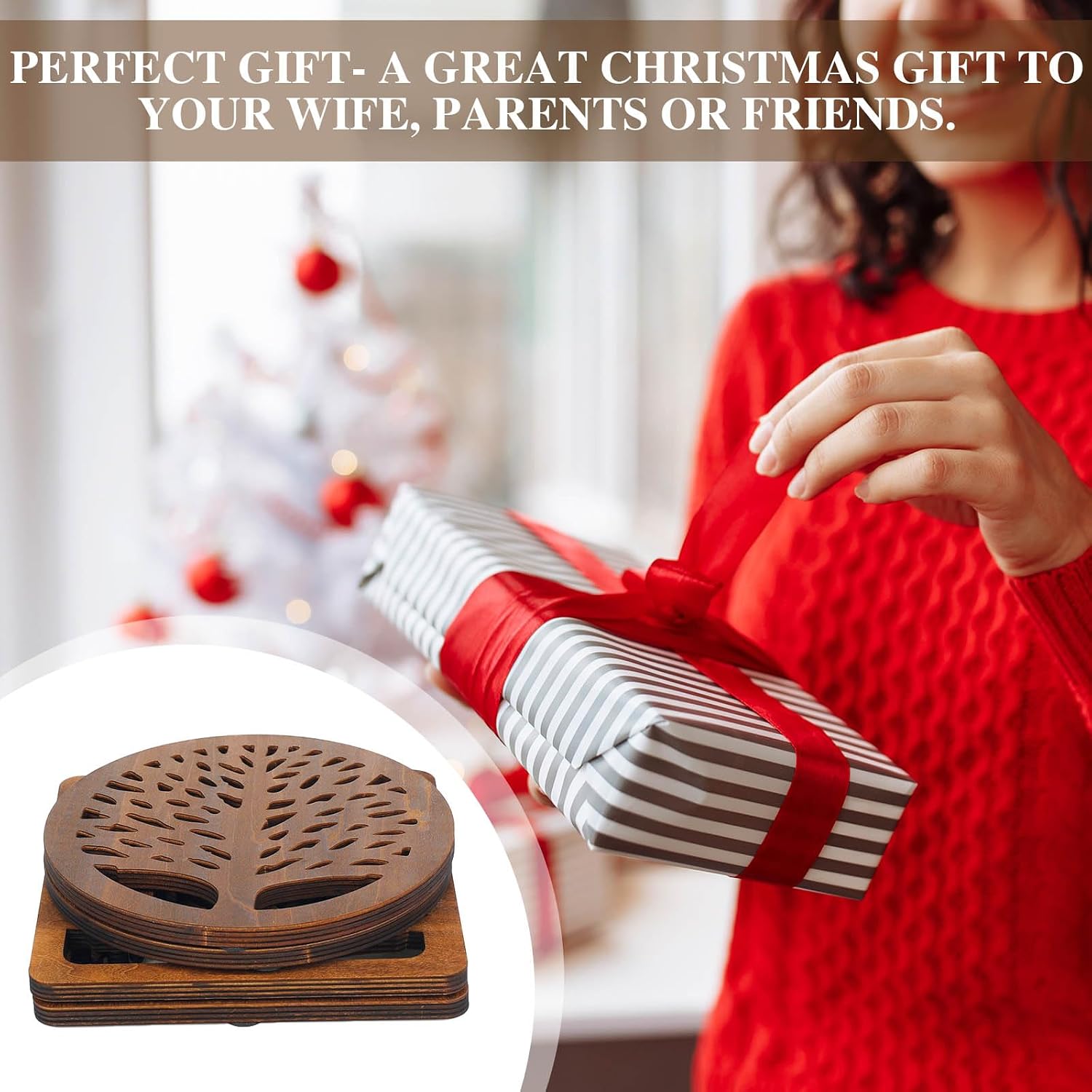 Beeveer 5 Pcs Life Tree Wooden Trivets with Storage Rack Hot Pads Trivets for Hot Dishes Pots and Pans Heat Resistant