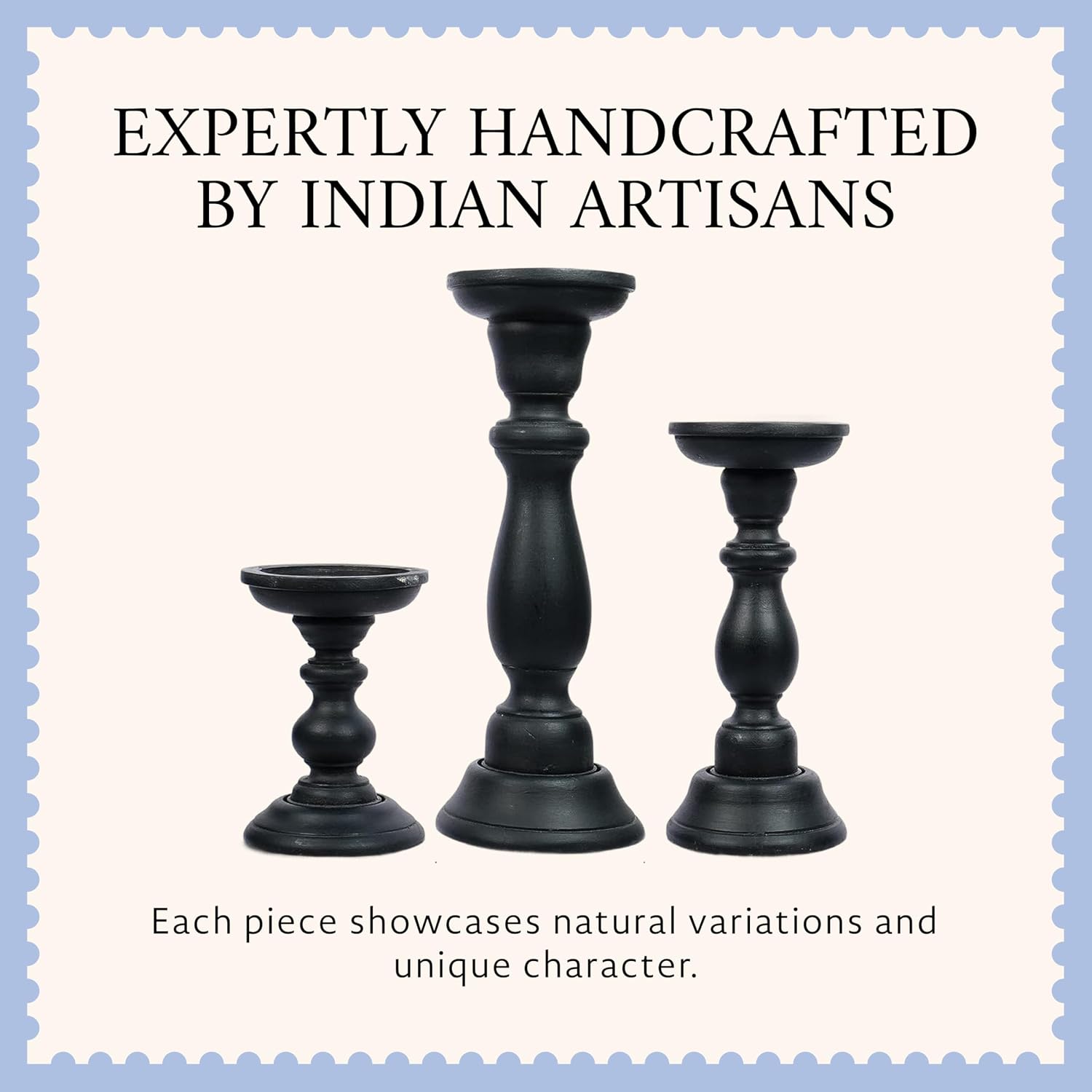 Tuli Mango Wood Candle Holders - Matte Black, Set of 3 | 6", 9" and 12" hand-carved candle holders for table, mantel