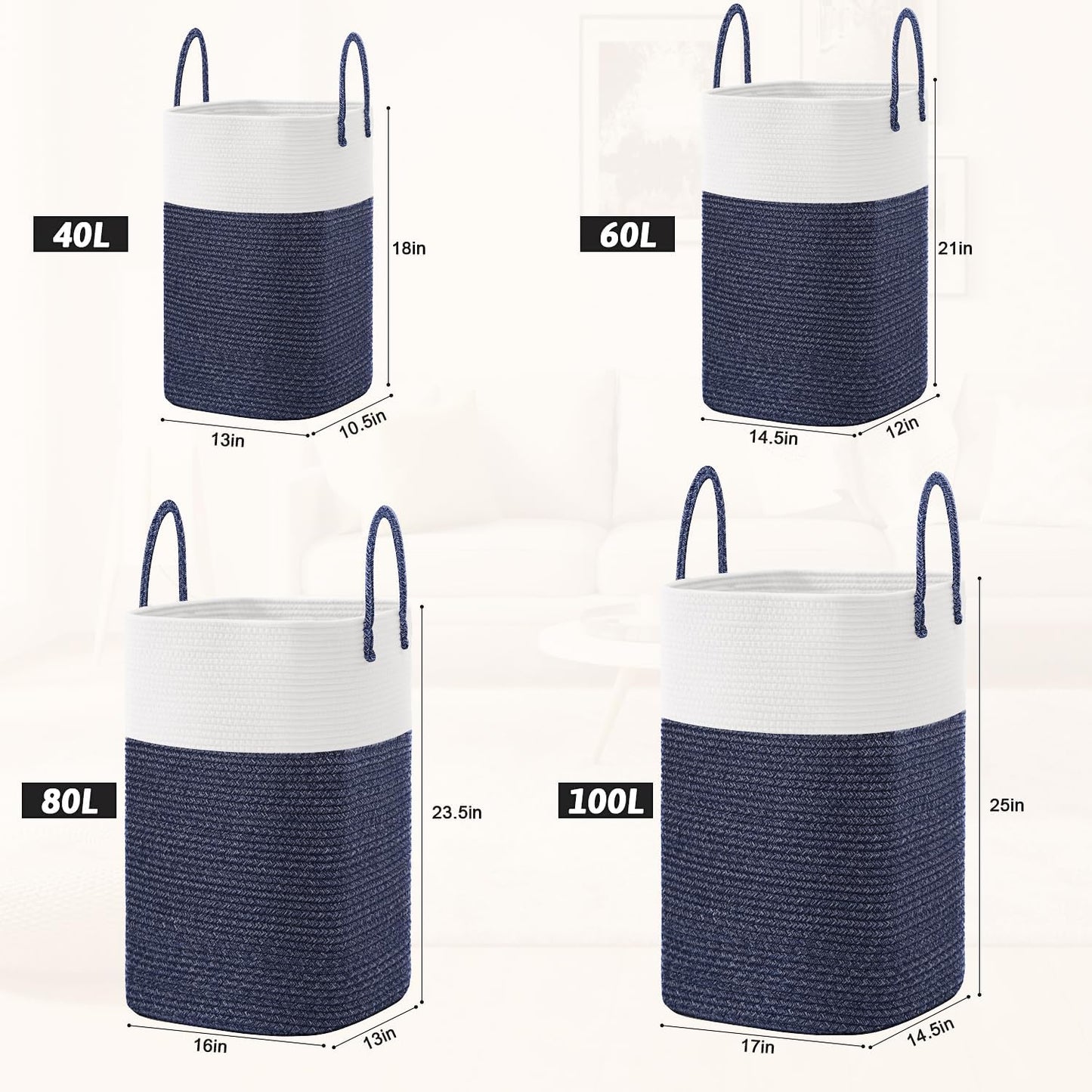Laundry Basket / Woven Cotton Rope Laundry Hamper / 60L / Blue