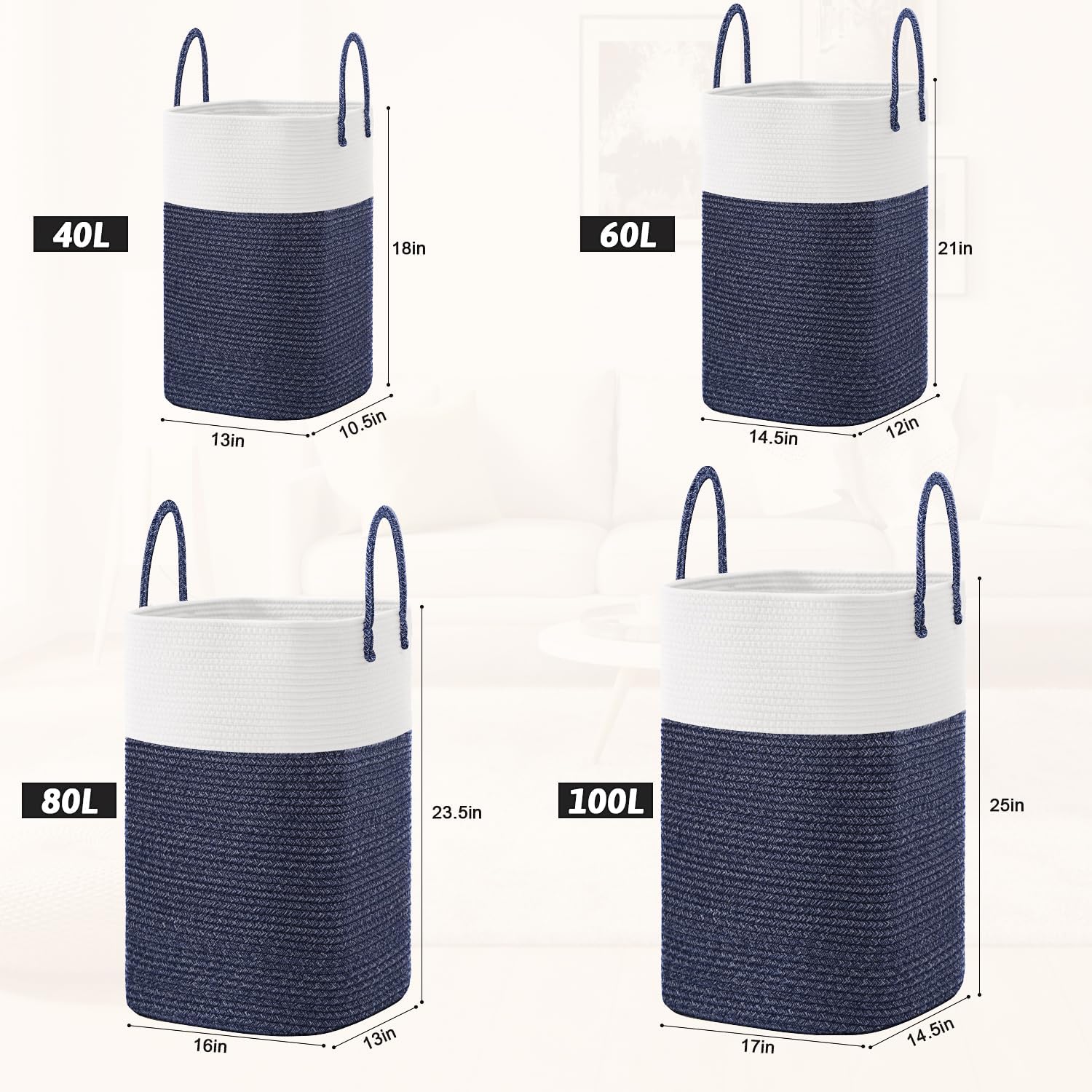 Laundry Basket / Woven Cotton Rope Laundry Hamper / 60L / Blue