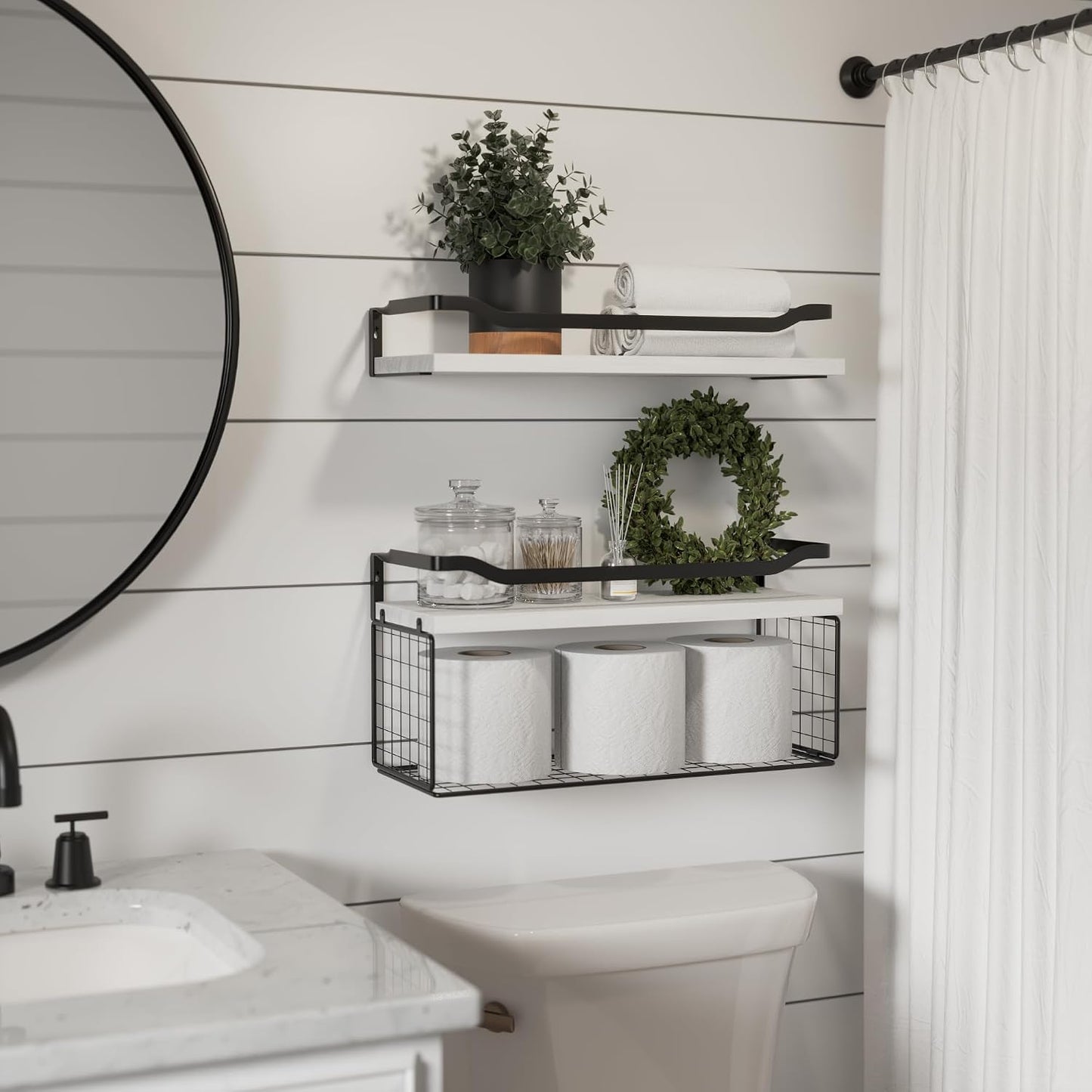 Bathroom Shelves Over Toilet with Protective Metal Guardrail | Floating Shelves with Wire Storage Basket, Wood Wall