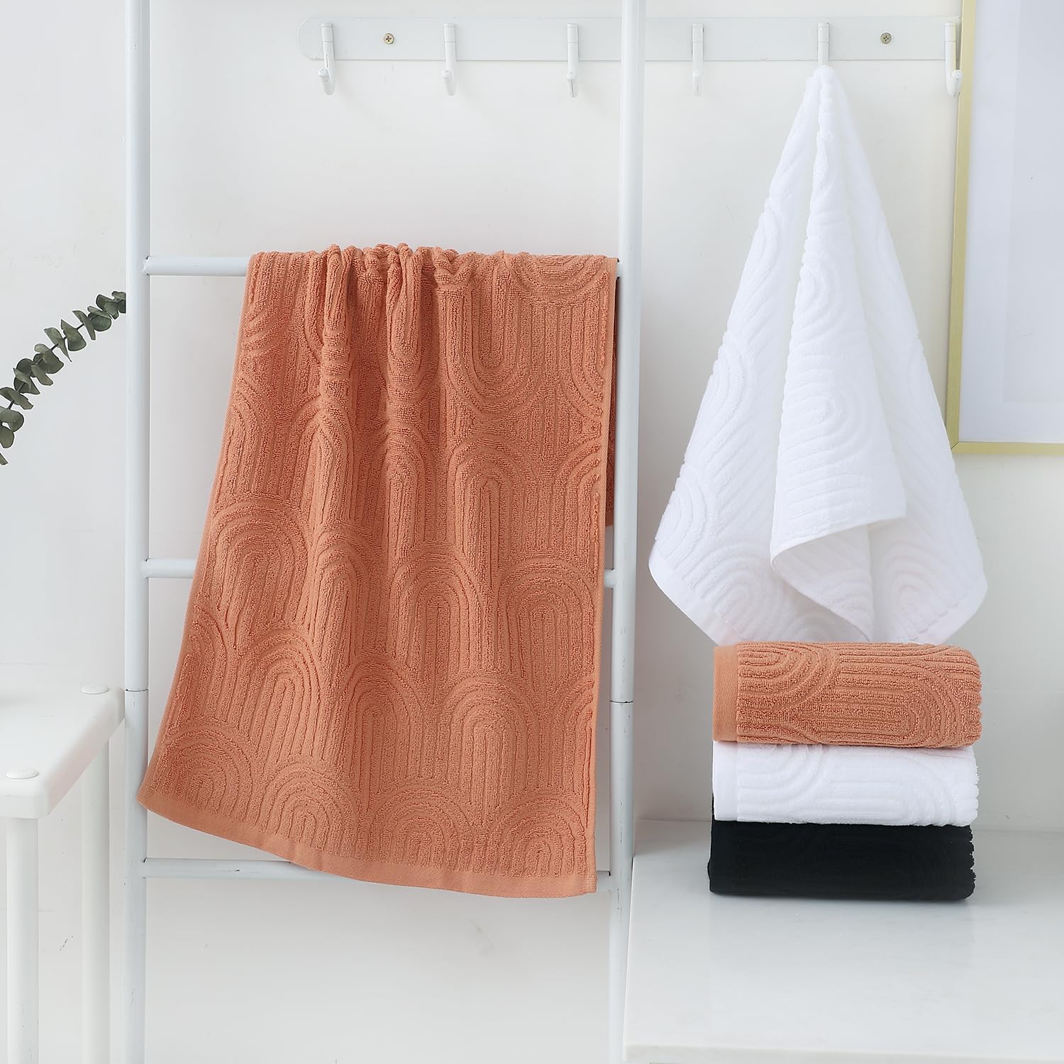 Hand Towels Set of 4 Striped Pattern 100% Cotton Absorbent Soft Decorative Towel for Bathroom (Burnt Orange)