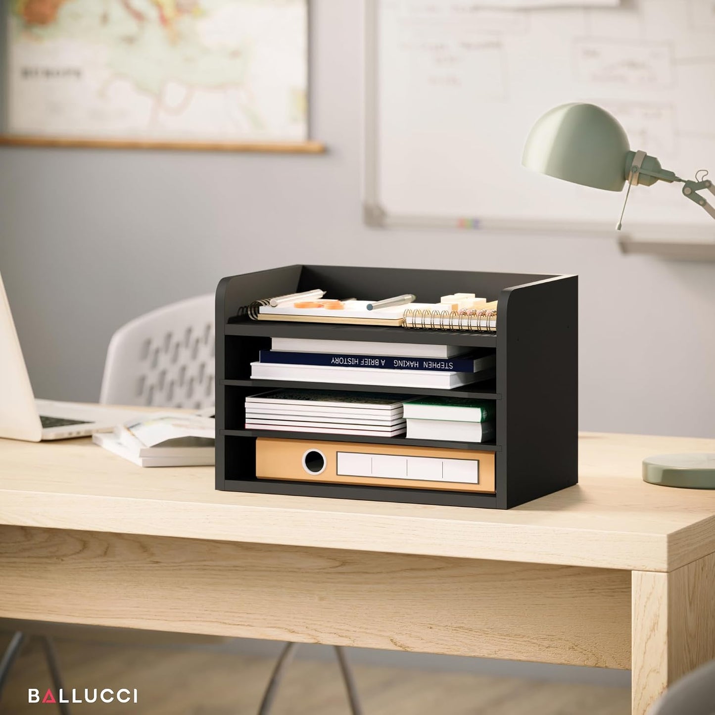 Ballucci File Organizer, 4-Tier Office Desk Organizer, Open Top Wood Paper Organizer for Classroom, Mail Sorter Paper
