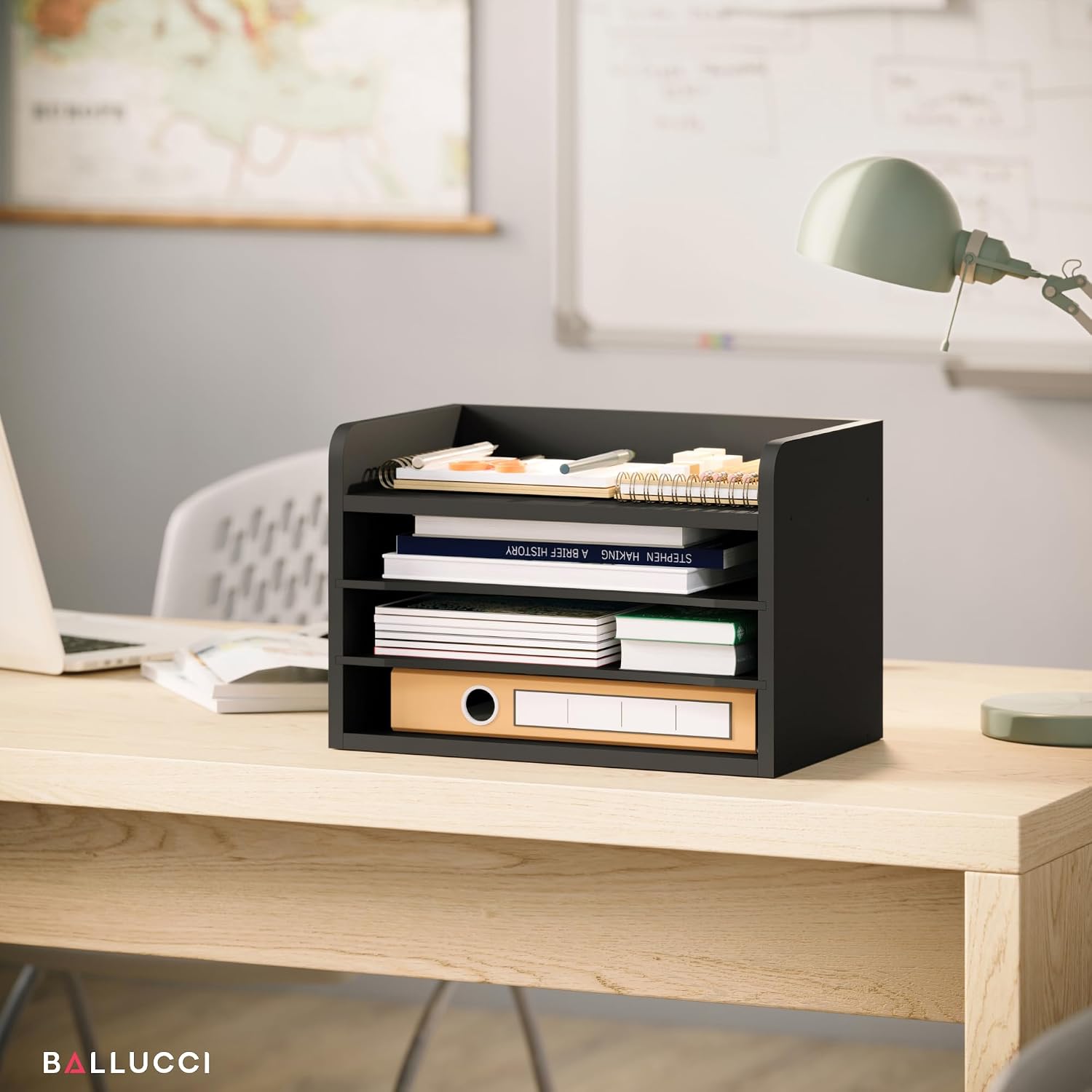 Ballucci File Organizer, 4-Tier Office Desk Organizer, Open Top Wood Paper Organizer for Classroom, Mail Sorter Paper