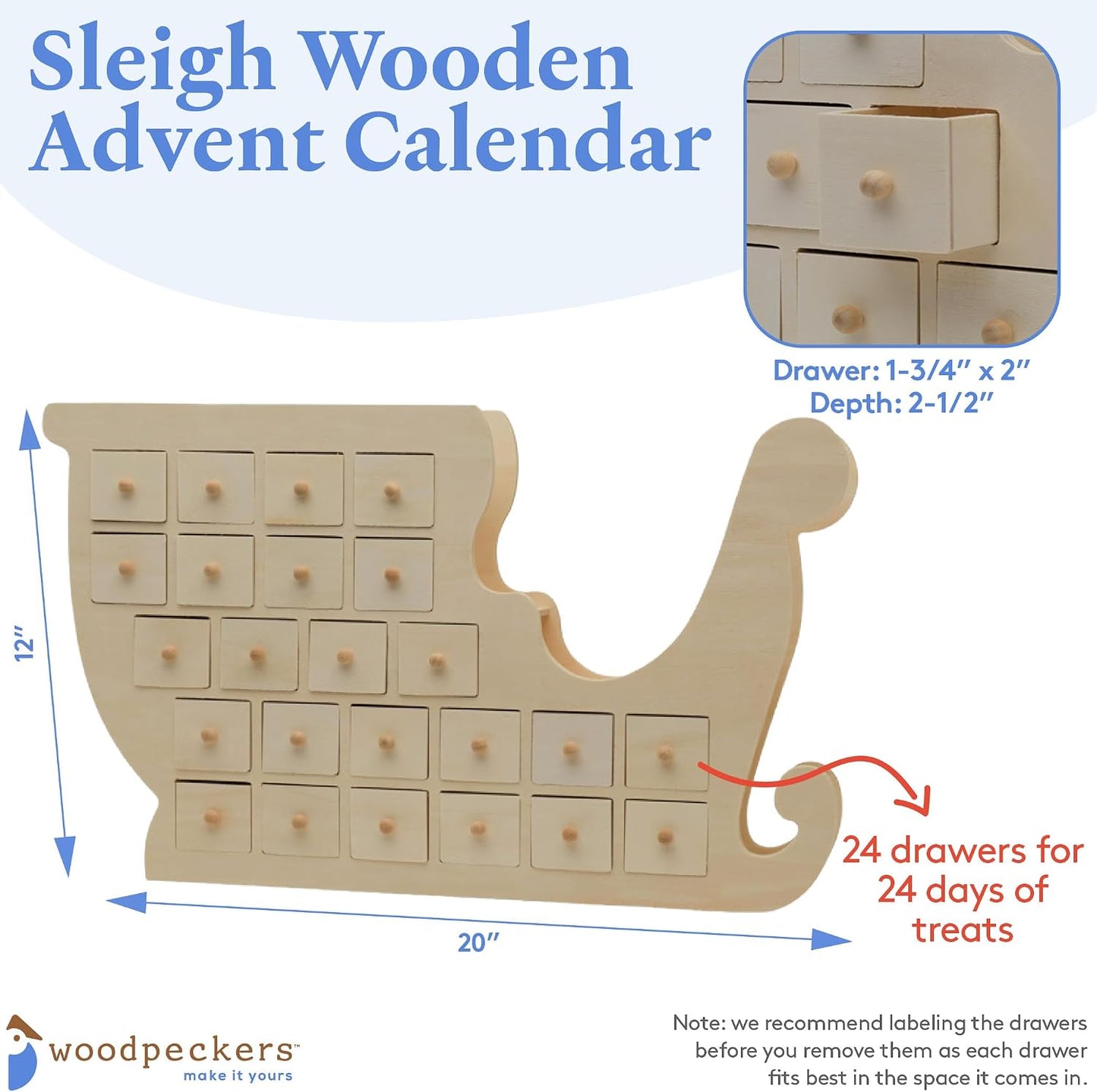 Advent Calendar 2024, Wooden Advent Calendars, Sleigh Shaped 12 Inch x 20 Inch, Pack of 2 Christmas Advent Calendar