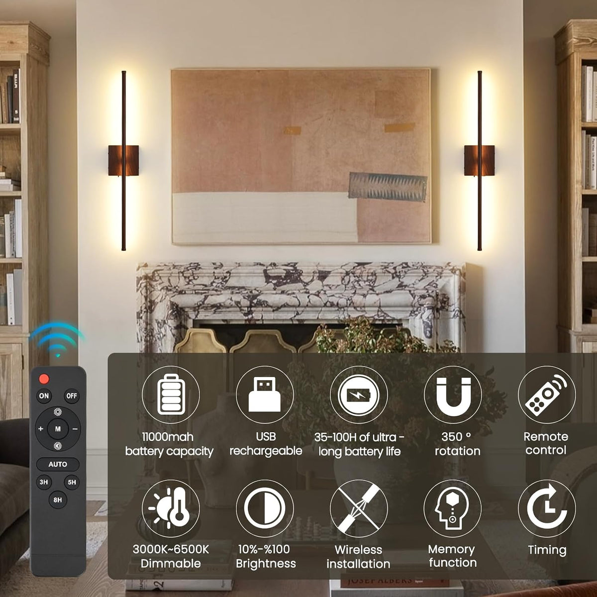 Rechargeable Battery Operated Wall Sconces, 11000mAh Faux Walnut Finish Wall Lights with Remote Control, 350°Rotate