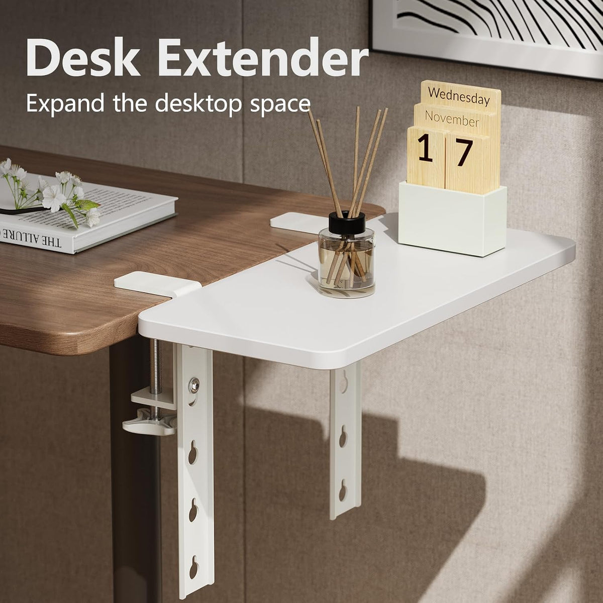 3 in 1 Clamp-on Desk Extender Shelf, 15.7×7.5 Inch, White | Adjustable Desk Riser for Monitor & Keyboard, Heavy-Duty