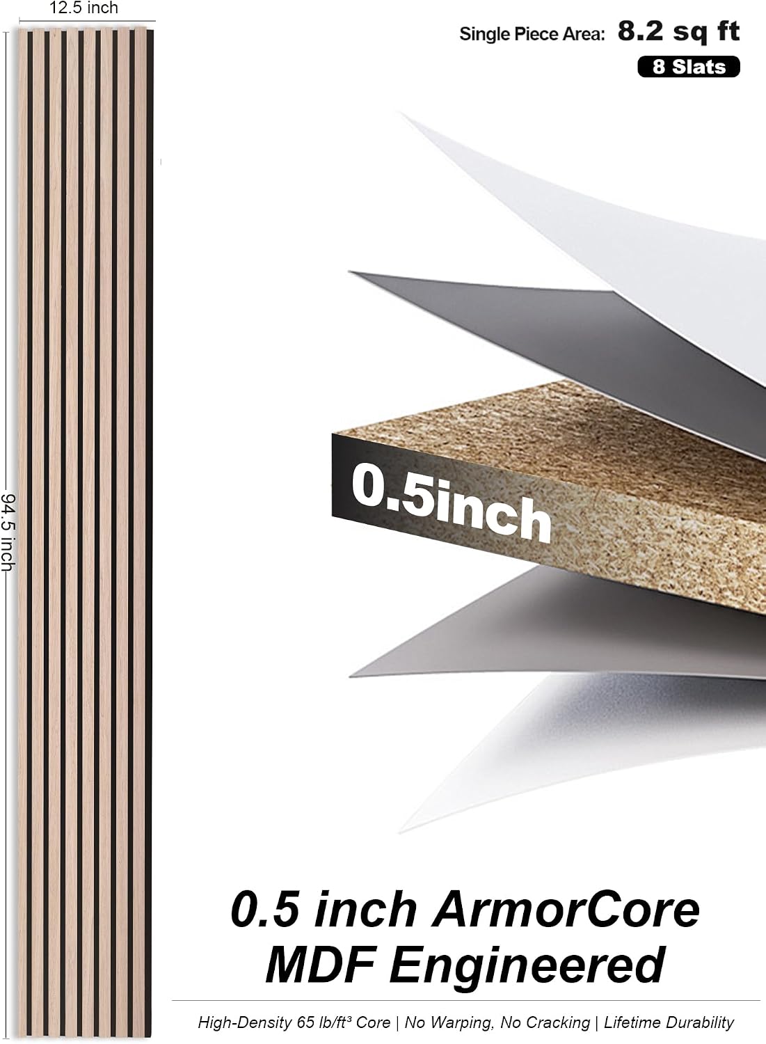 Wood Panels for Wall, White Oak, 2 Pcs, 94.5x12.5 in | Easy Installation, MDF, Wood Grain Veneer, NRC 0.95, Sound
