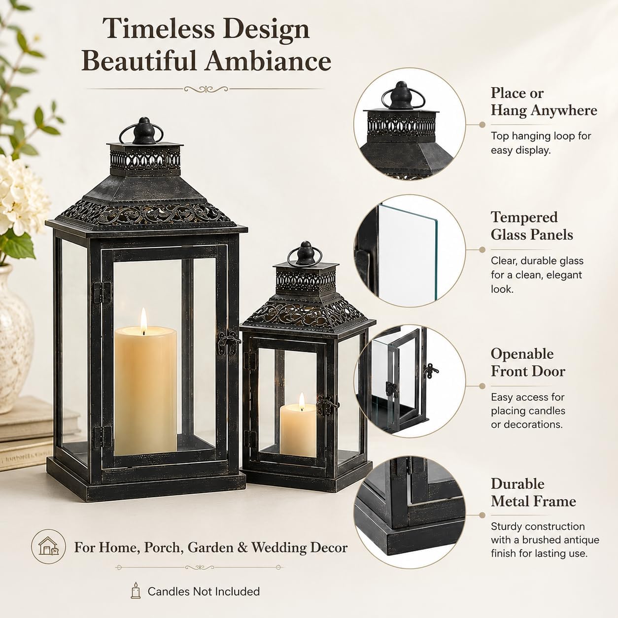JHY DESIGN Set of 2 Antique Grey Brush Decorative Lanterns Metal Candle Lanterns for Indoor Outdoor Events Paritie and