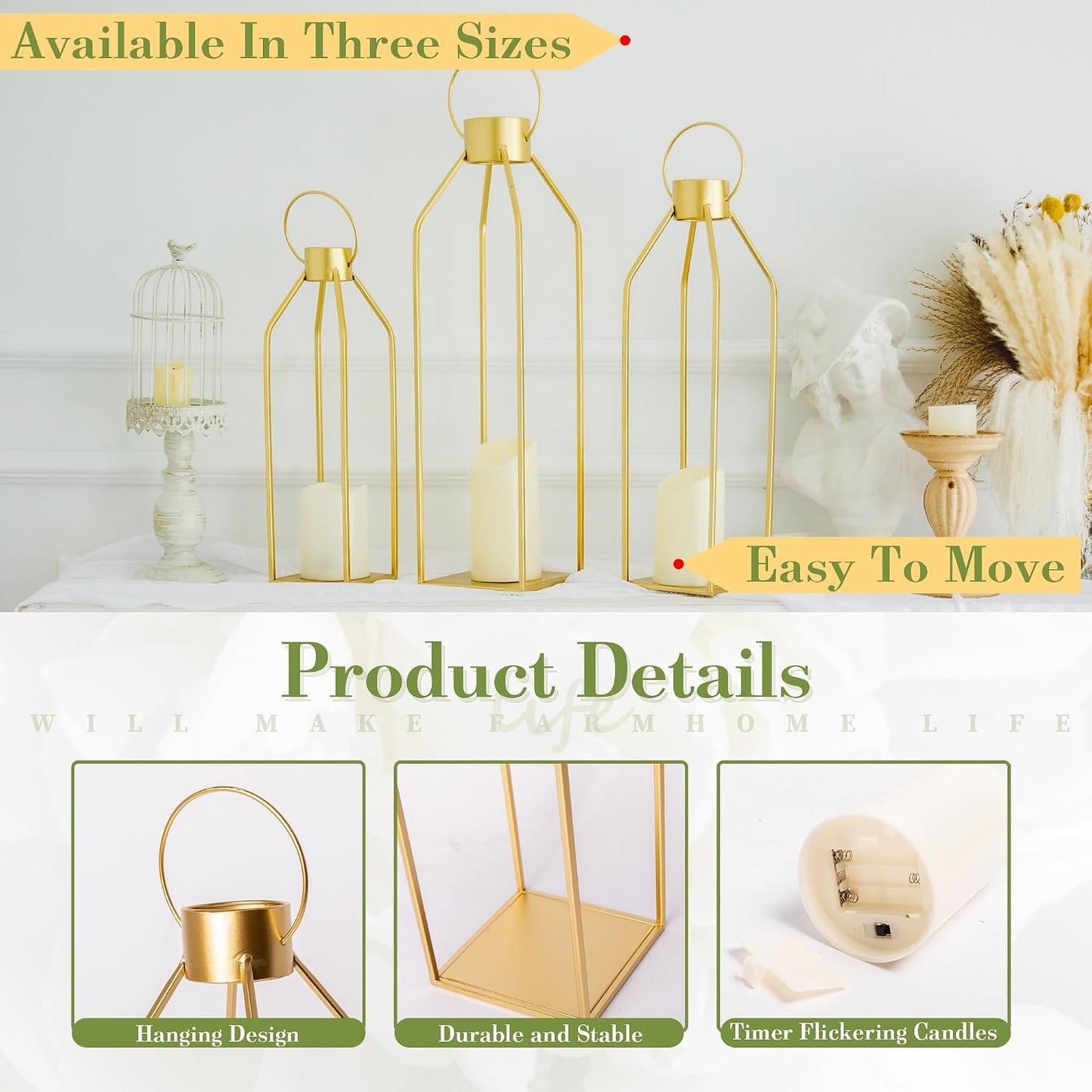 HPC DECOR Modern Farmhouse Lantern Decor- 22''19''16''Tall Large Gold Metal Candle Lanterns for Home Decor-Lanterns