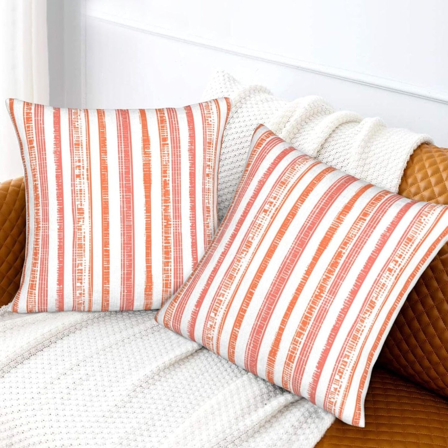 Boho Coral Pink Orange Striped Throw Pillow Covers / 18 x 18 / Boho Coral Orange Striped / Set of 2