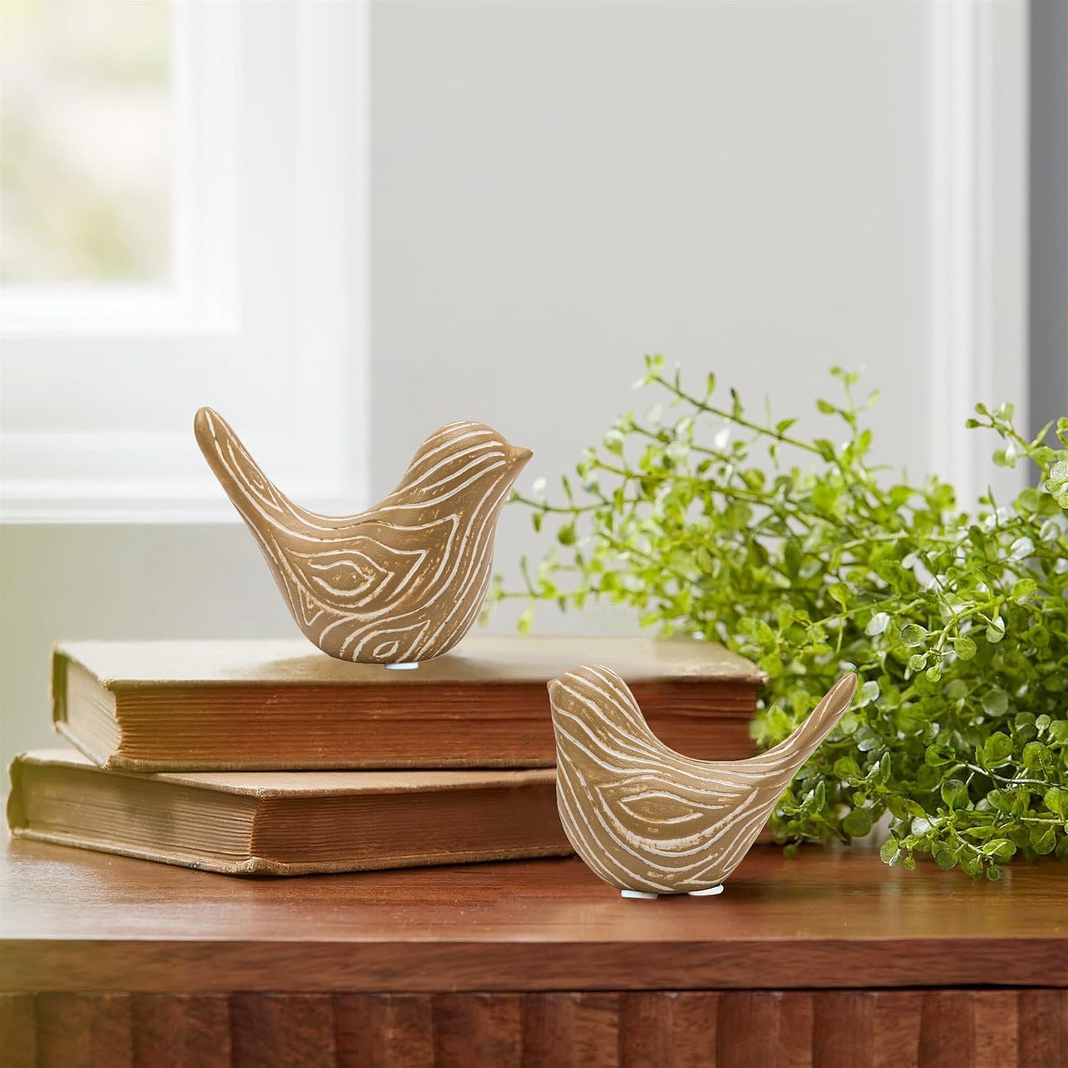 Small Birds Statues / Wood / Set of 2
