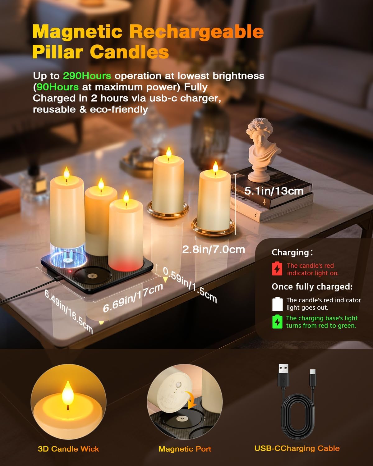 Yme Waterproof Rechargeable Pillar Candles Flickering with Remote Timers | Magnetic Charging Base, Flameless LED