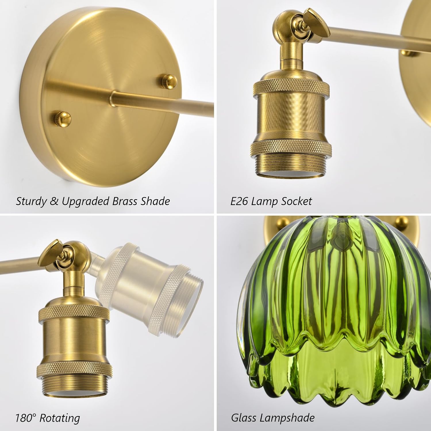 Vintage Battery Operated Wall Sconce, Green Tulip Glass Lampshade Wireless Rechargeable Battery Powered LED Wall Light