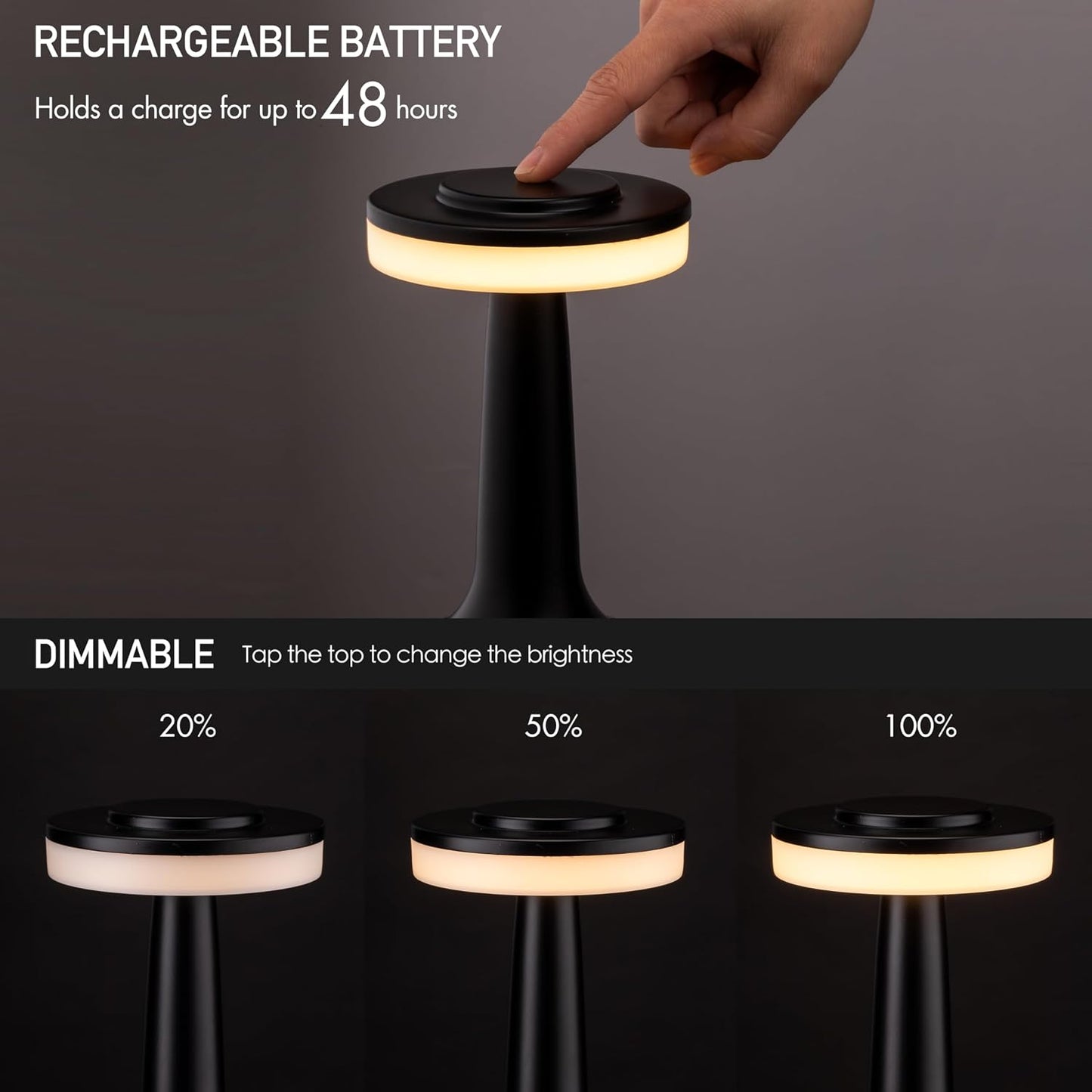 O’Bright Portable LED Table Lamp with Touch Sensor, 3-Levels Brightness, Rechargeable Battery Up to 48 Hours Usage