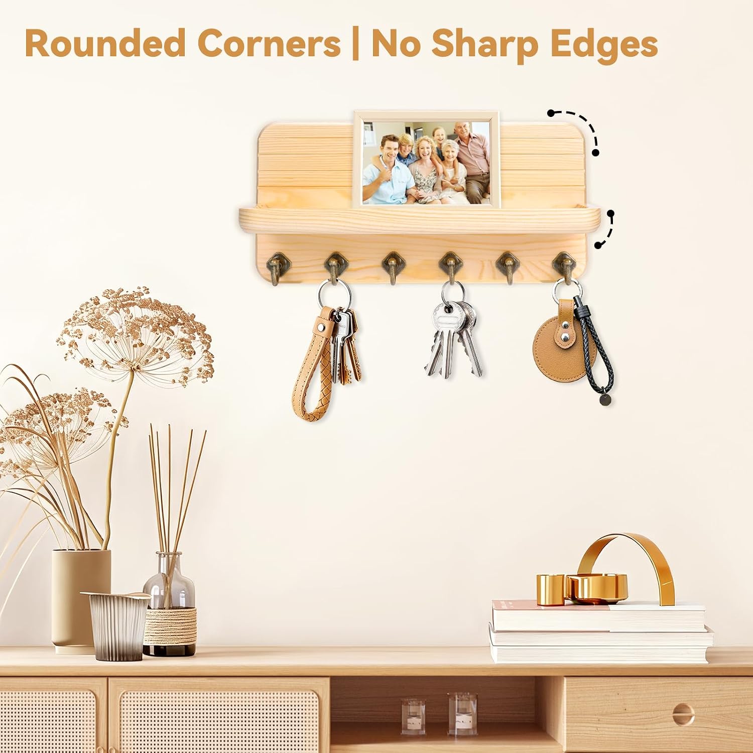 6 Hooks Wooden Hanging Key Rack / Wood Color