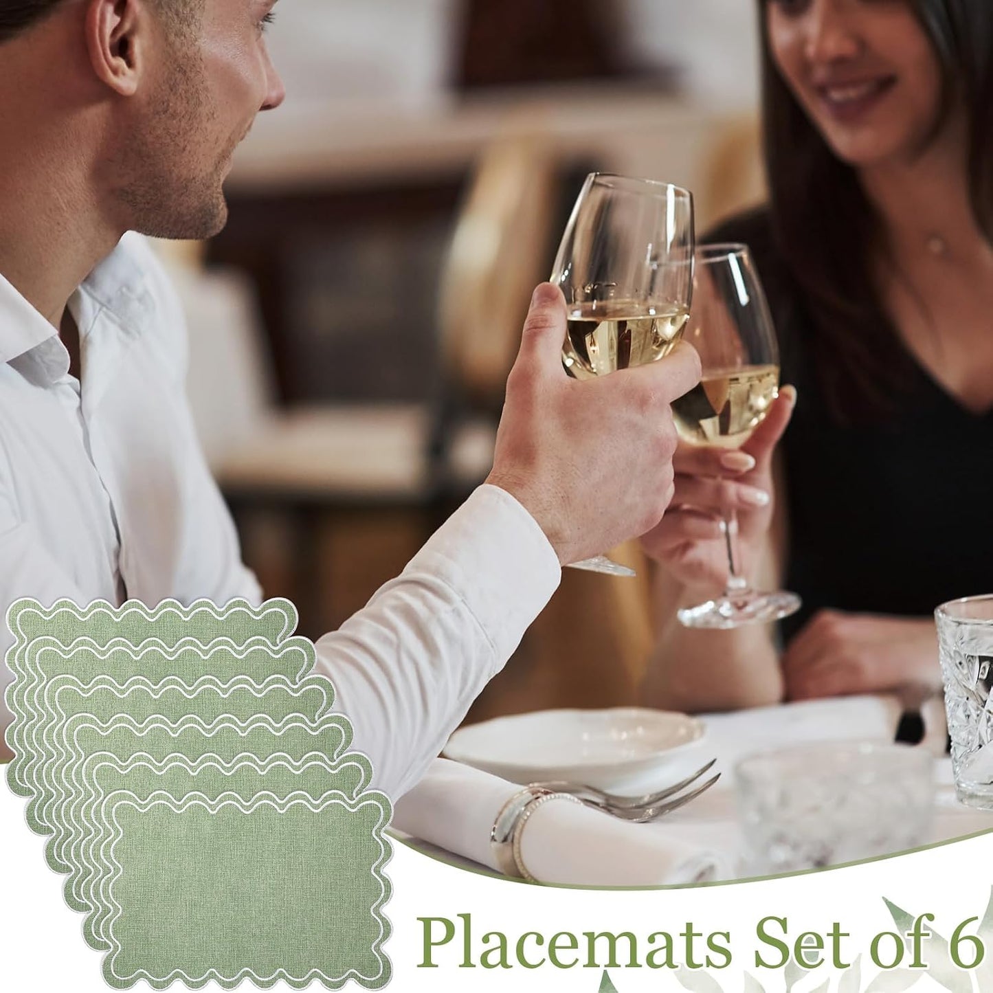 HunnmingRe Sage Green with White Set of 6 Cotton Linen Wedding Placemats, 13x19 Inch Scalloped Wavy Embroidery Placemat