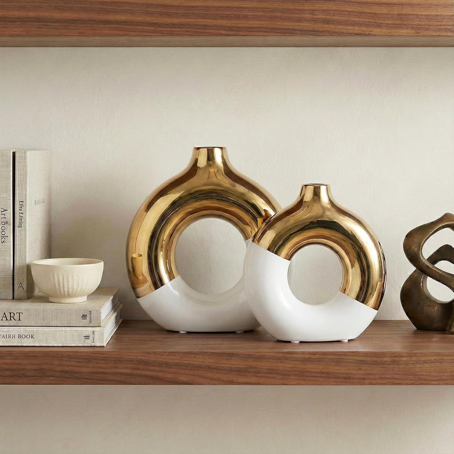 Modern Matte Ceramic Vases for Entryway Living / White and Gold / Set of 2
