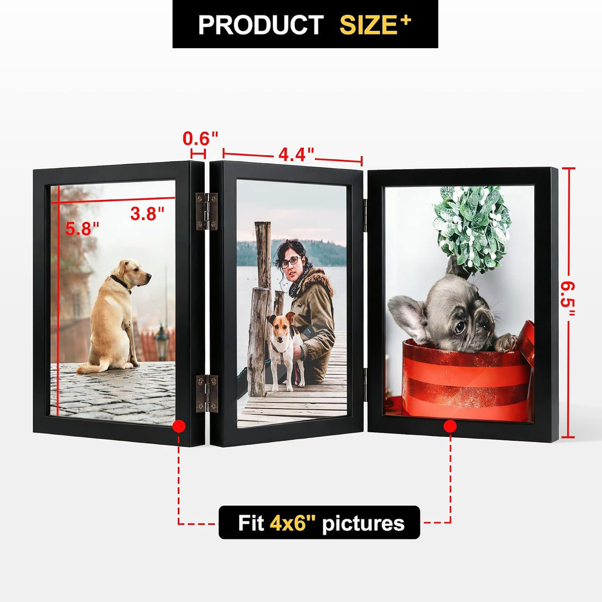 TOFOREVO 4x6 3 Picture Frame Triple Wooden Hinged Photo Frame Definition Glass Stand Vertically on Desktop or Tabletop