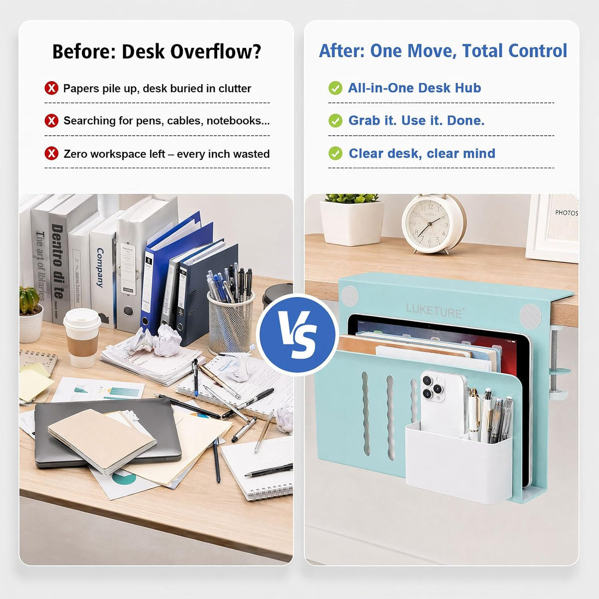 LUKETURE Desk Side Storage, 2 Tie Laptop Holder No Drill Clamp On Organizer | Steel Side Desk Organizer, Clamp on