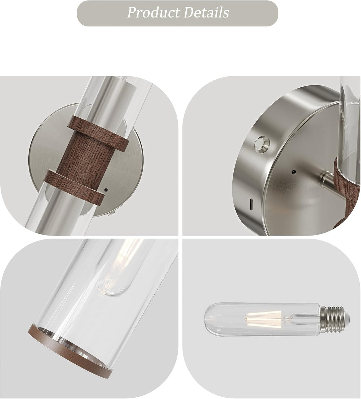 Rayogale Nickel & Walnut Wireless Battery Operated Wall Sconces with Remote | Glass Rechargeable Wall Lights Set of 2