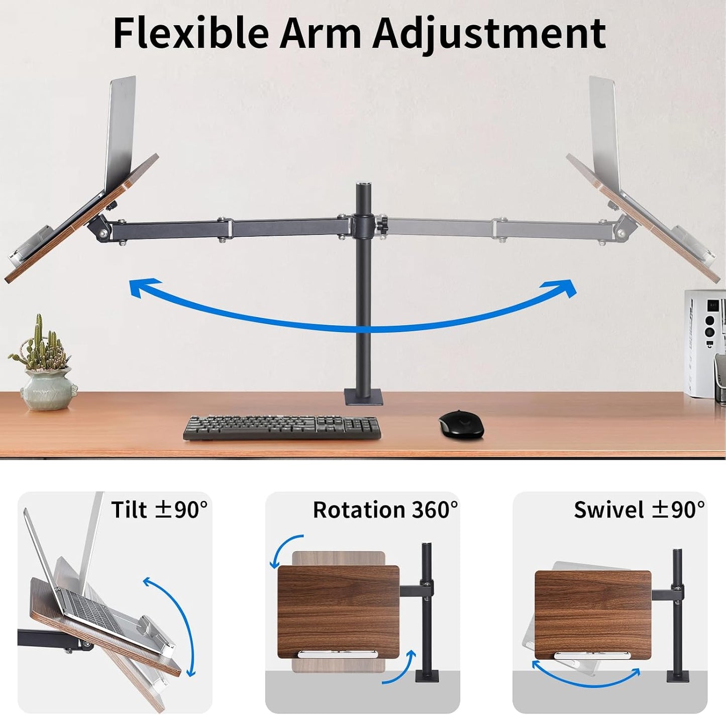 Adjustable Book Stand with Desk Clamp Mount, Wooden Reading Holder with Metal Arm, Black