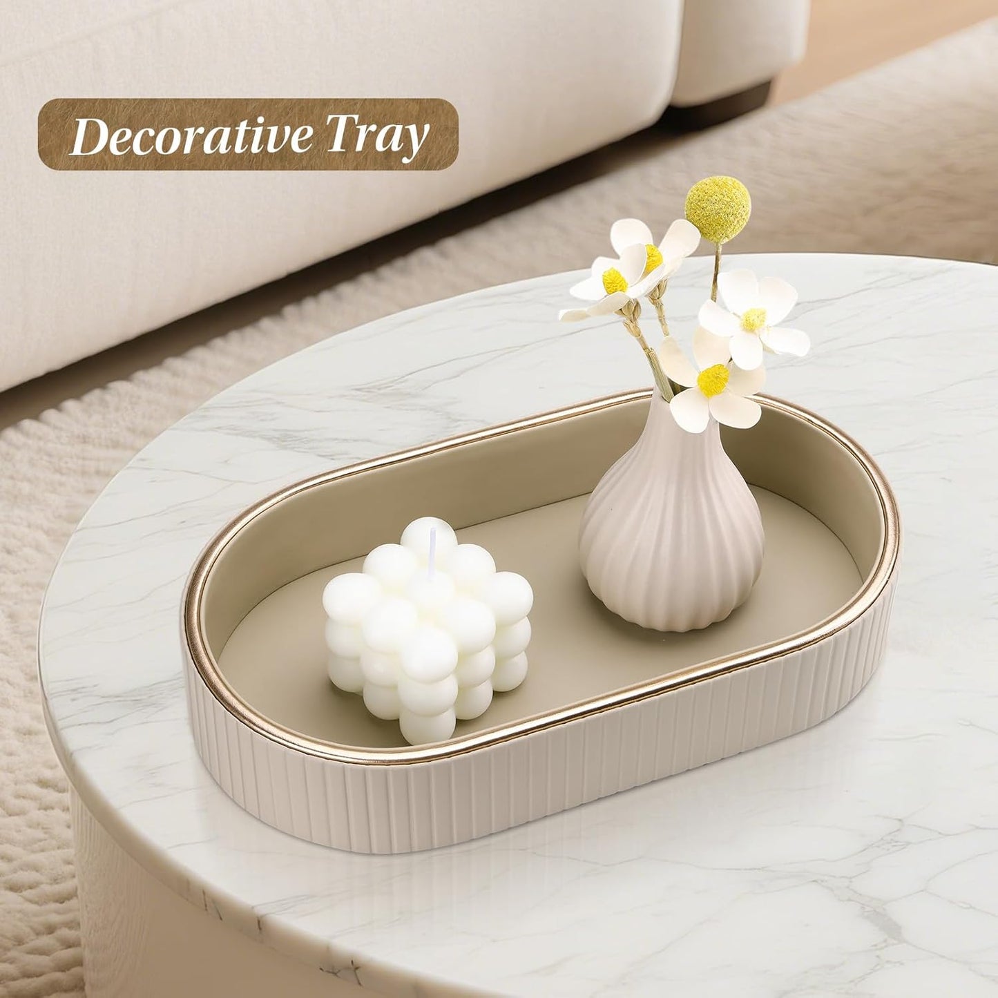 PU Leather Perfume Tray Nightstand Organizer / Beige