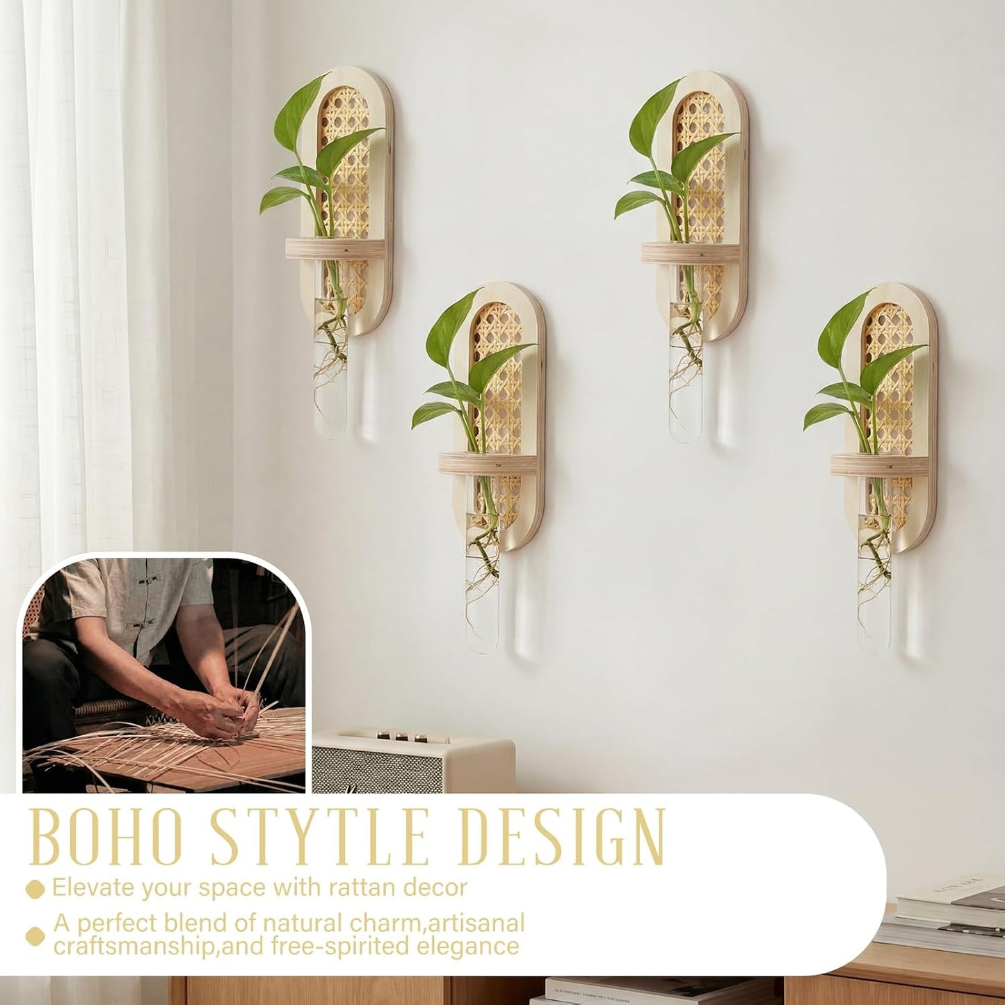 Wooden Rattan Wall Propagation Vases Wood Wall Vase Set Boho Hanging / Natural / 8 Inch / Set of 4