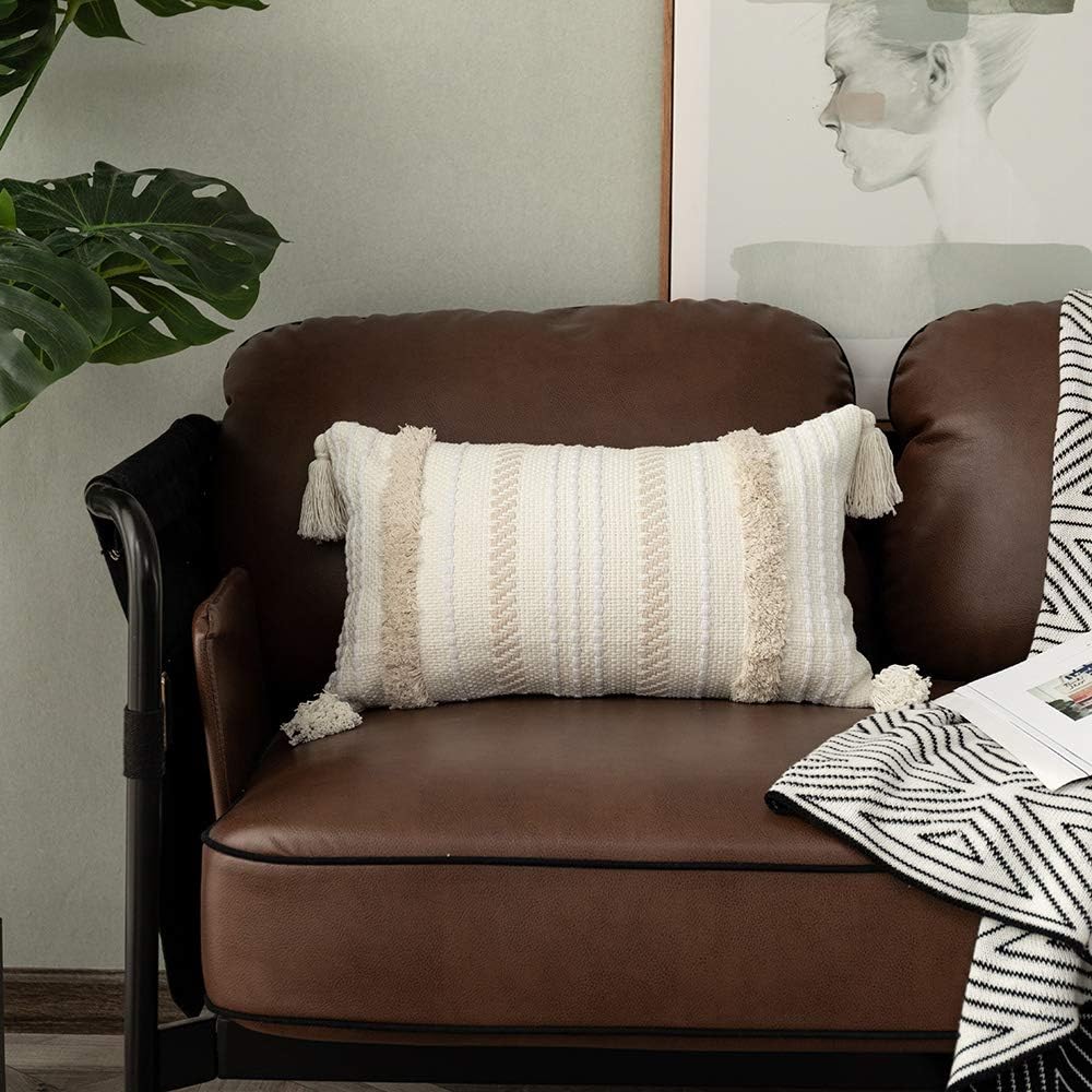 Lumbar Decorative Boho Throw Pillow Cover / 20 x 12 / Neutral / Cream