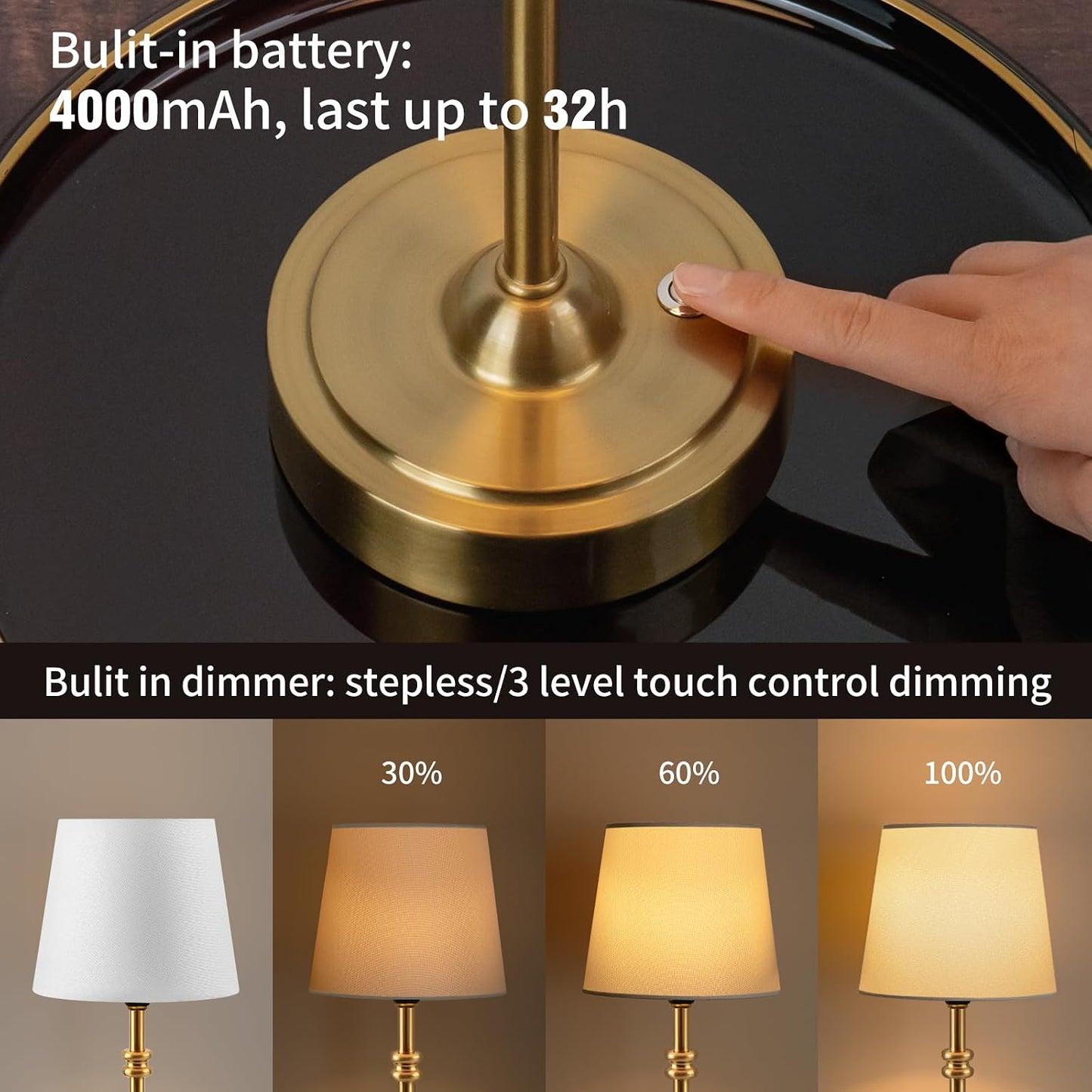 ONEWISH Small Cordless Lamp Dimmable-Battery Operated Table lamp, 4000mAh Rechargeable, Touch Bedside Lamp with White