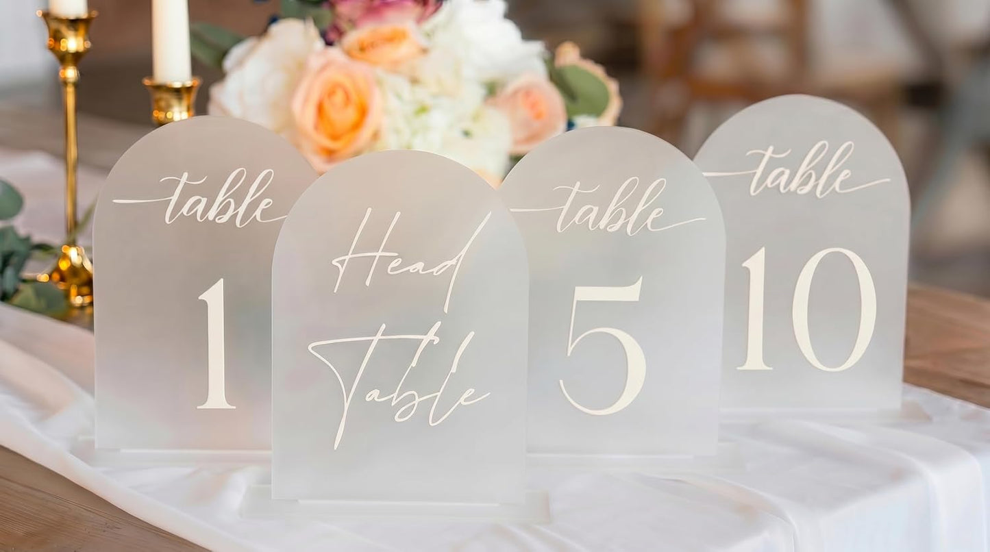 Frosted Arch Acrylic Table Numbers for Wedding Reception - 5" x 7" White Font Centerpiece Set with Holder Stands & Head