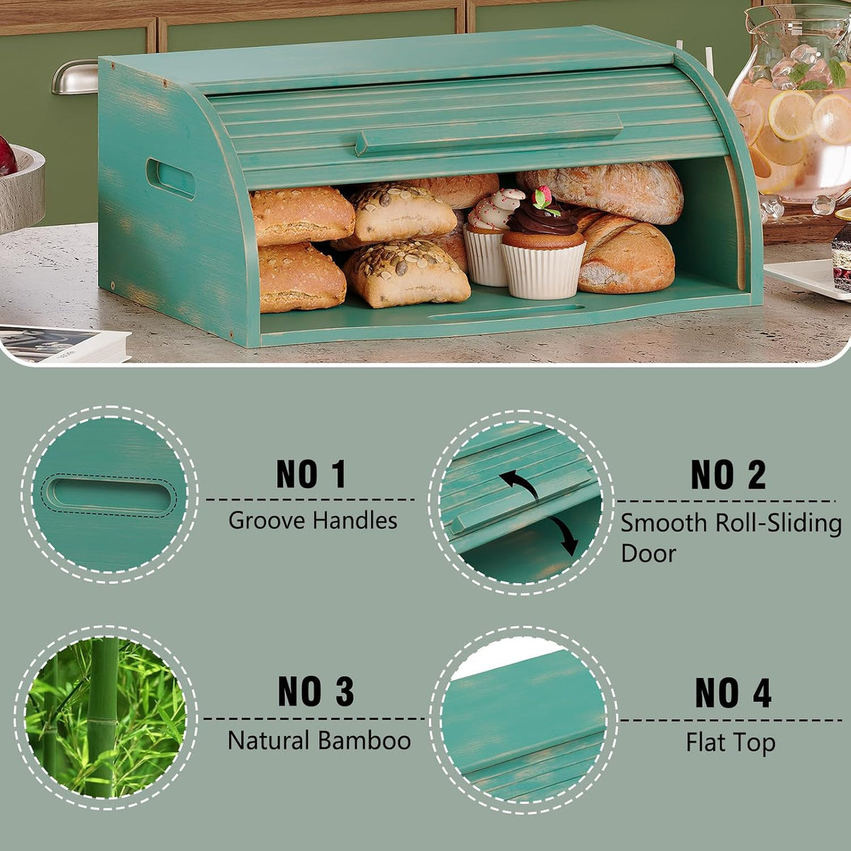 Trironsun Bamboo Roll Top Bread Box for Kitchen Countertop Large Capacity Bread Storage Bin Wooden Bread Storage