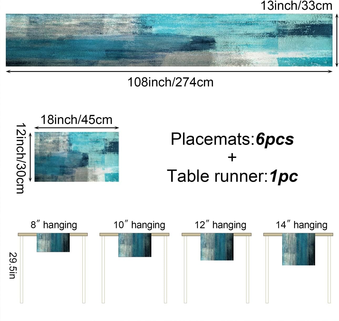 Turquoise Abstract Modern Table Runner and Placemats Set of 6 | Long Teal Blue Retro Graffiti Art Painting Linen Dining