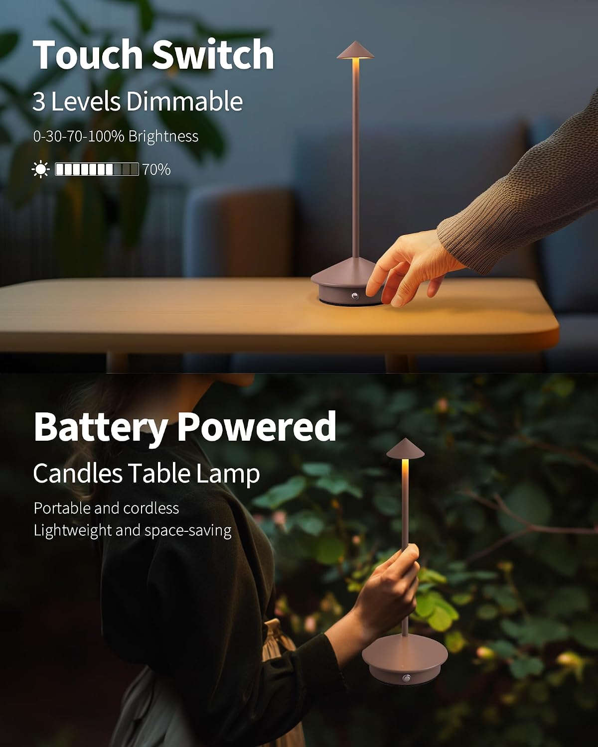 Modern Cordless Table Lamp Set of 2, Brown Portable LED Desk Lamps | 5000mAh, Rechargeable, Battery Operated Lighting
