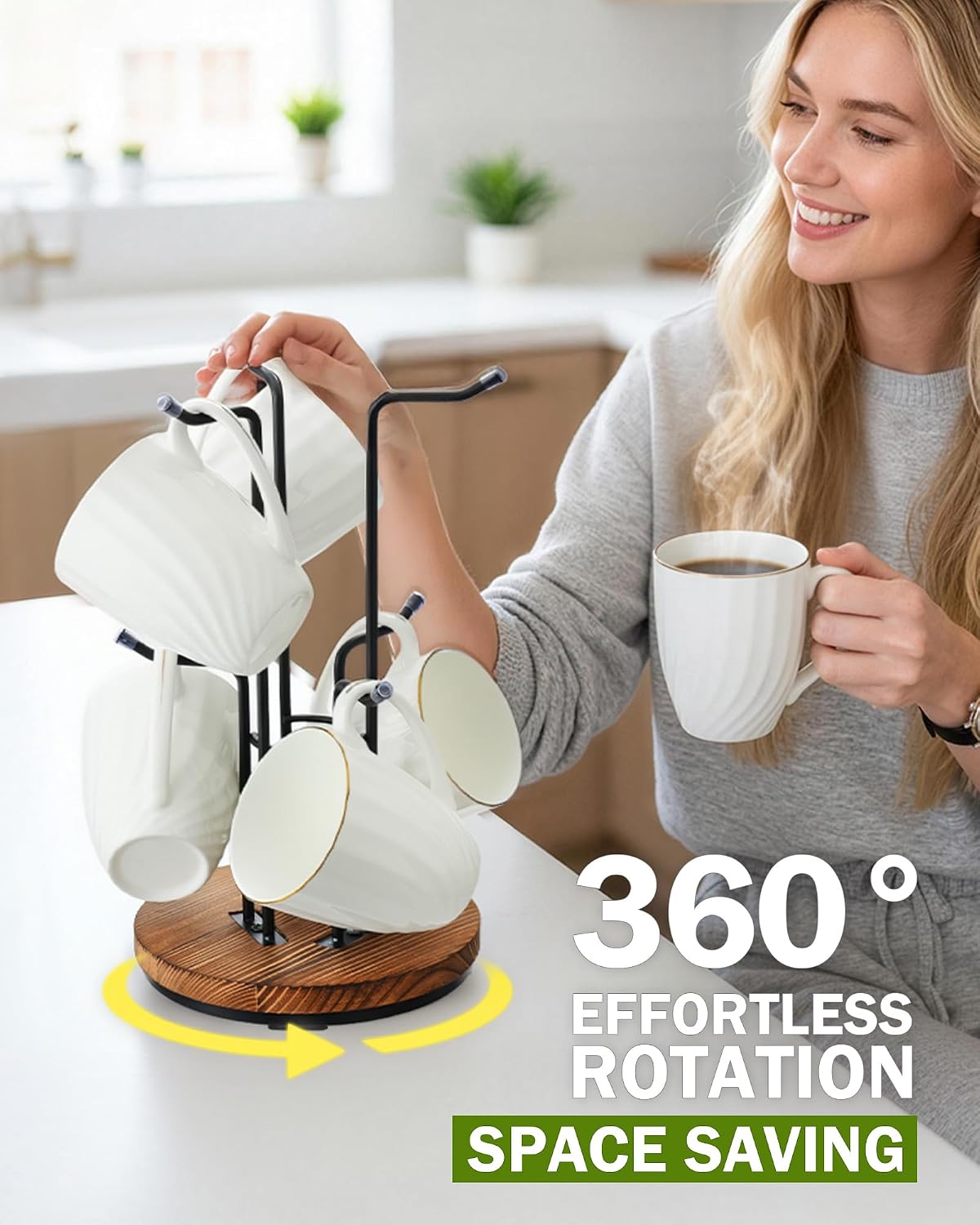 Rotating Large Mug Tree for Counter, Coffee Mug Holder, 6 Hooks | Cup Holder Stand for Countertop, Metal Rack &