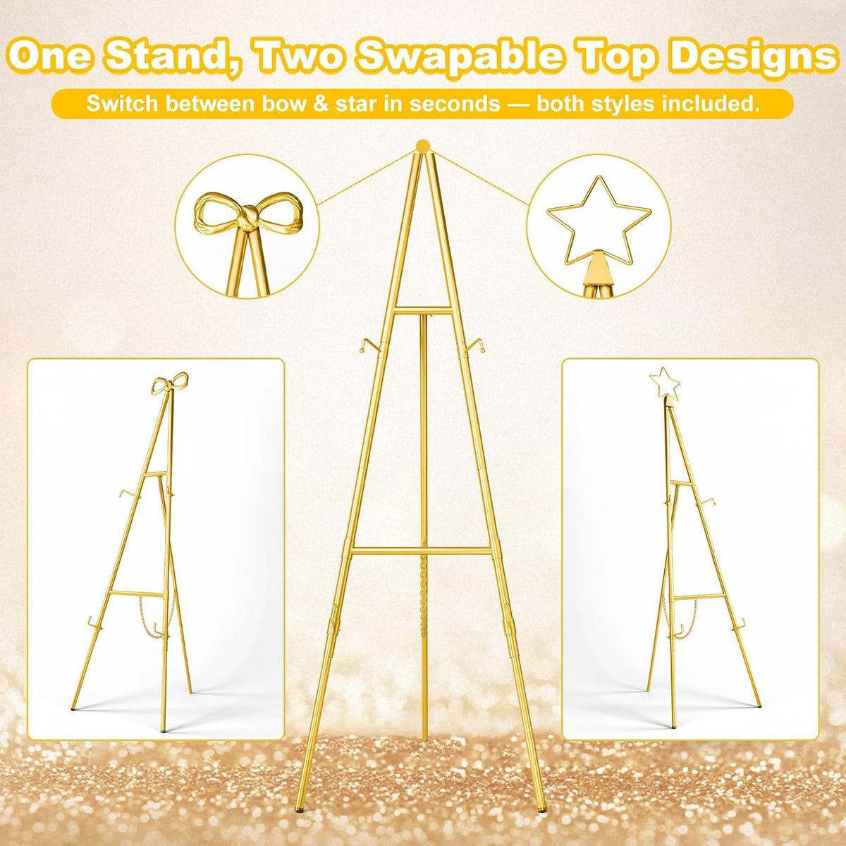 Interchangeable Bow & Star Top Gold Easel Stand for Sign, 62"–47" Height Adjustable Heavy Duty Wedding Easel Stand with