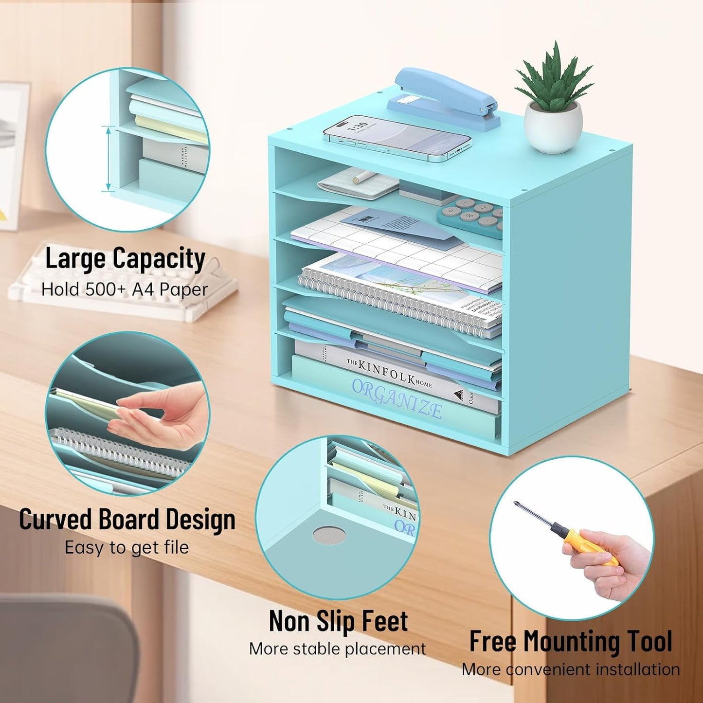 5-Tier Paper Organizer for Desk, Adjustable Mail Organizer, Blue | 5-Tier Paper Organizer and Mail Organizer for Desk