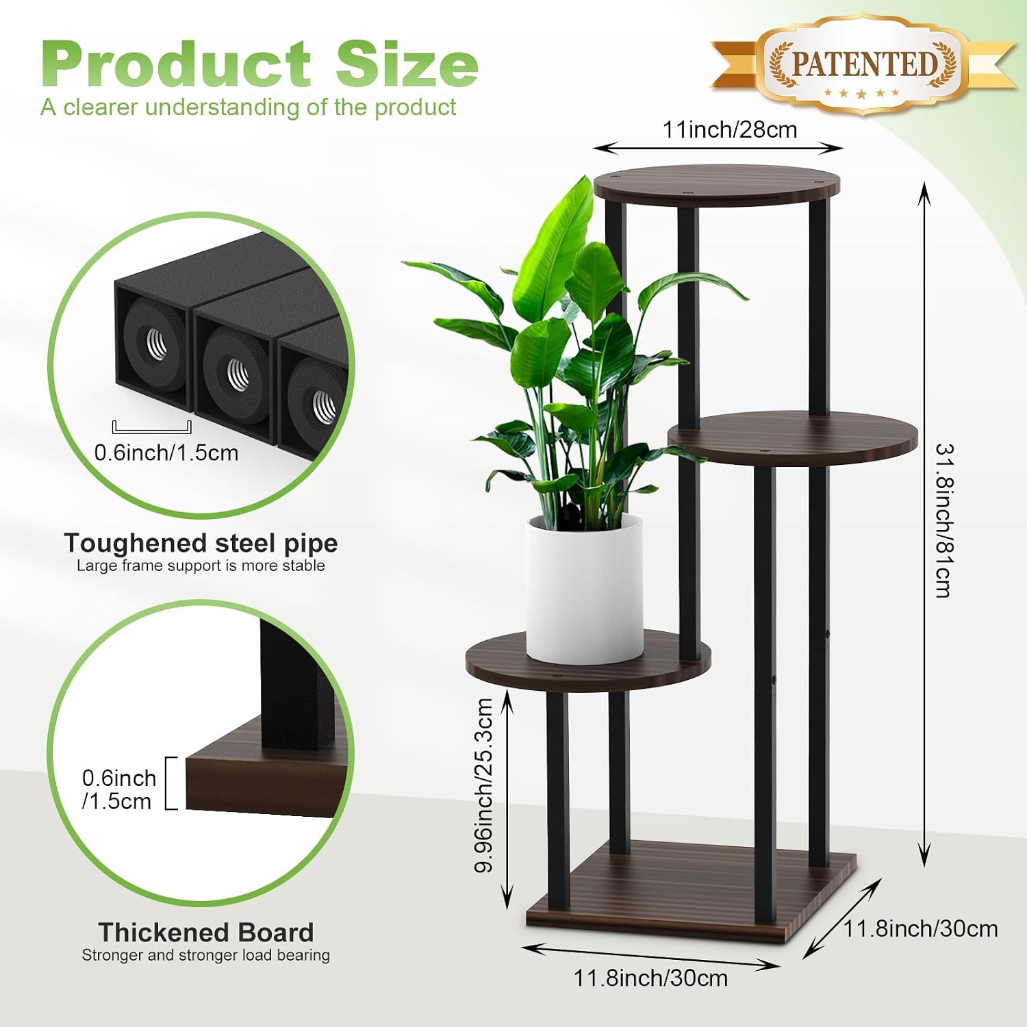 4 Tier Wood Tall Plant Stand Metal Rack Indoor, Multiple Flower Pot Holder Shelves Corner Rack, Round Planter Shelf