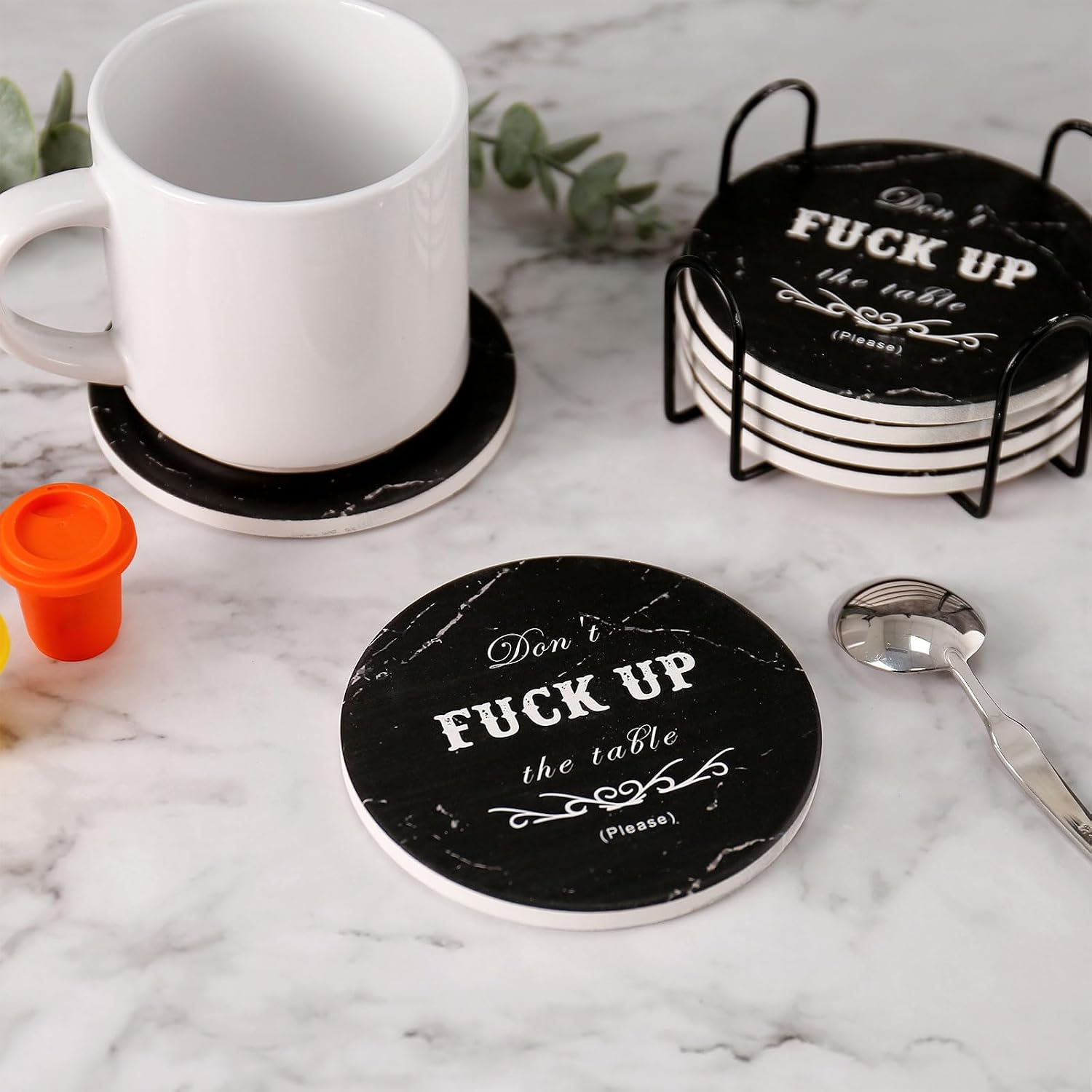 Holder / Rustic Marble Coasters / Round-black, 6 / Set of 6