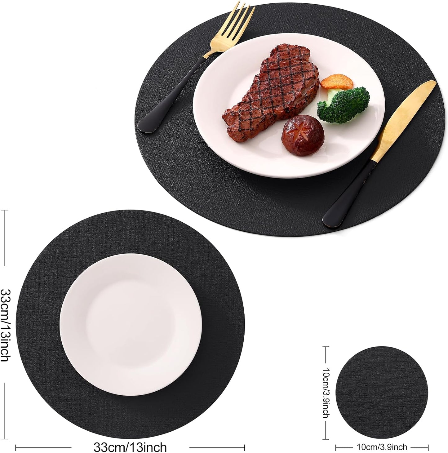 Homaxy Round Faux Leather Placemats and Coasters, Set of 8, Black | Washable Dual-side Table Mats, Wipeable Place Mats