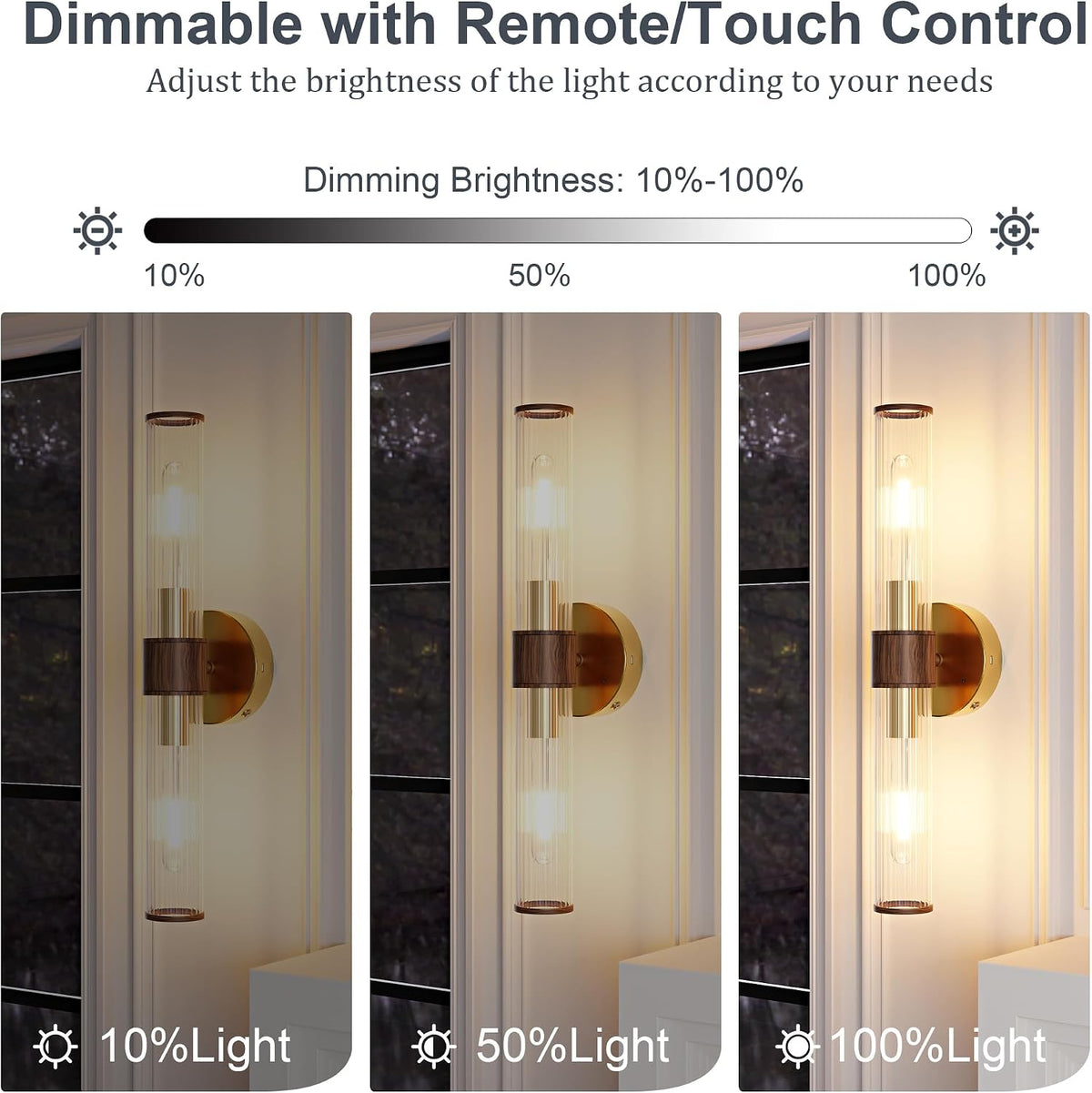 Morauroral Gold Walnut Battery Operated Wall Sconces Set of 2 | Rechargeable Wall Lights with Remote, 20 Inch Modern