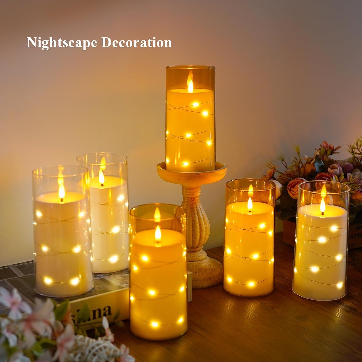 Flickering Flameless Candles with Remote Timer, 6pcs LED Battery Operated Candles with Embedded String Lights White, D3