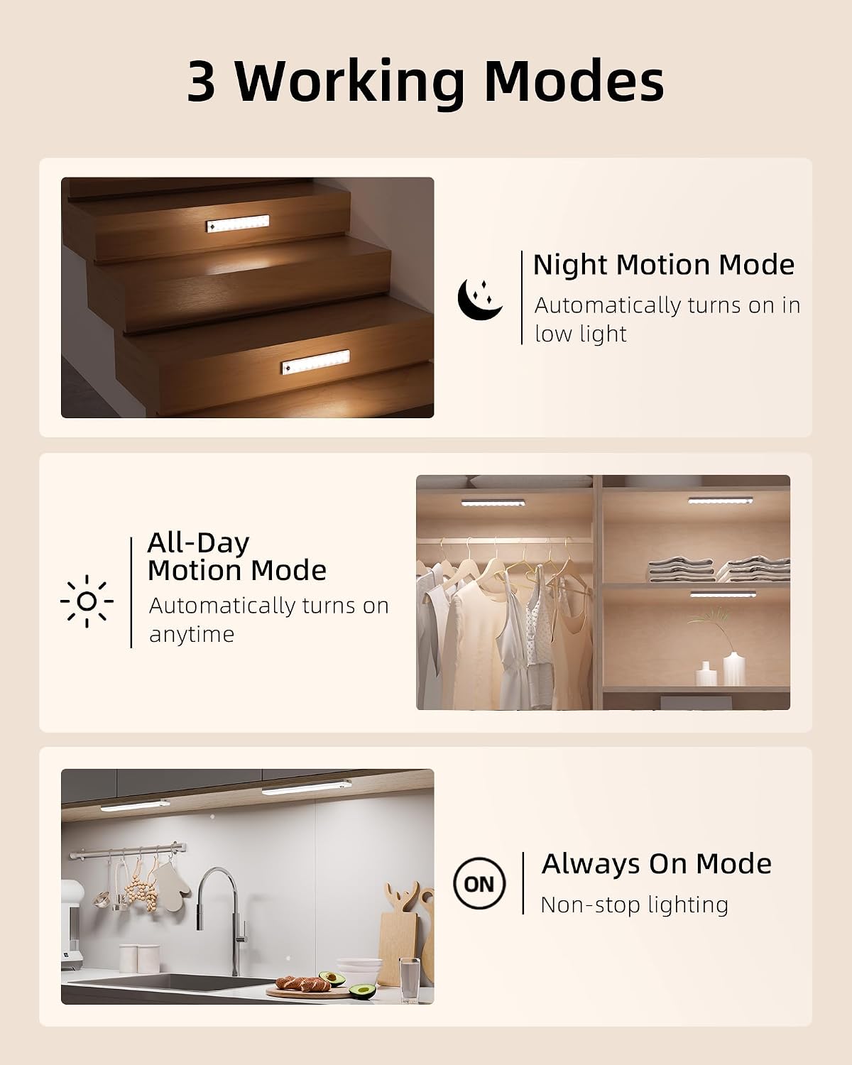 EZVALO 3-Pack Under Cabinet Lighting with Charging Station, 1800mAh Rechargeable Wireless Motion Sensor Lights, 3 Color