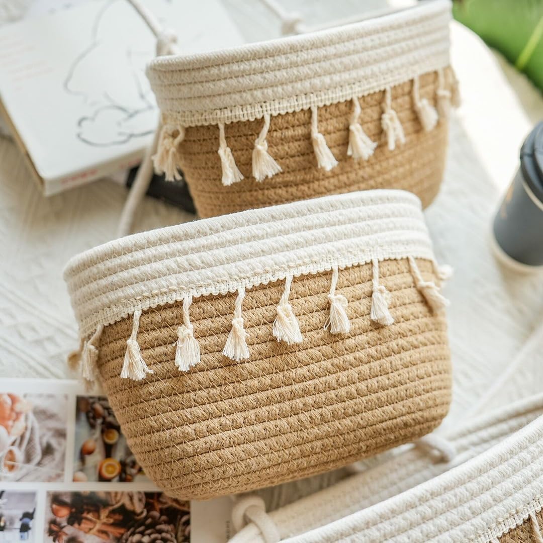 3-Tier Cotton Rope Baskets / Jute+white / 3 Tier+tassels