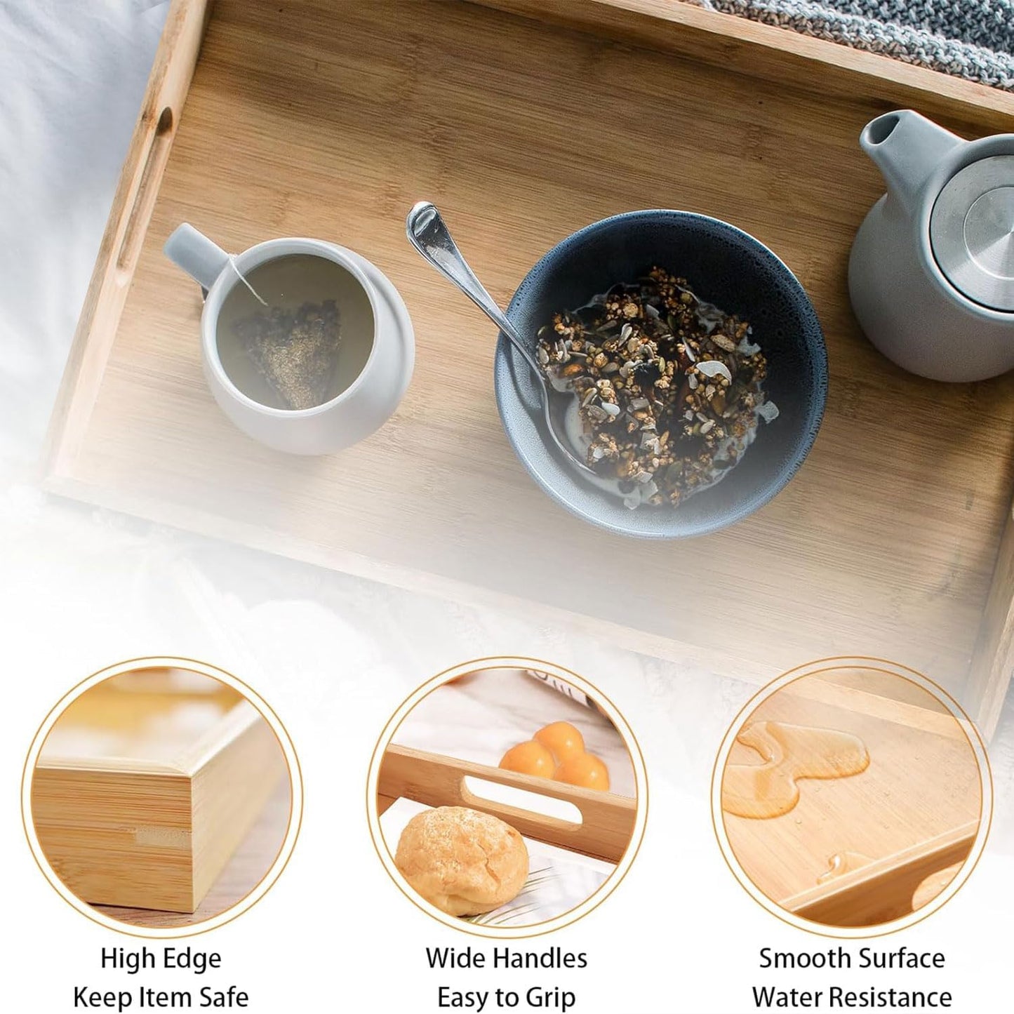 Bamboo Breakfast Tray Wooden Trays Decorative Serving Platter for Eating / Yellow / 16 x 11 x 1.4