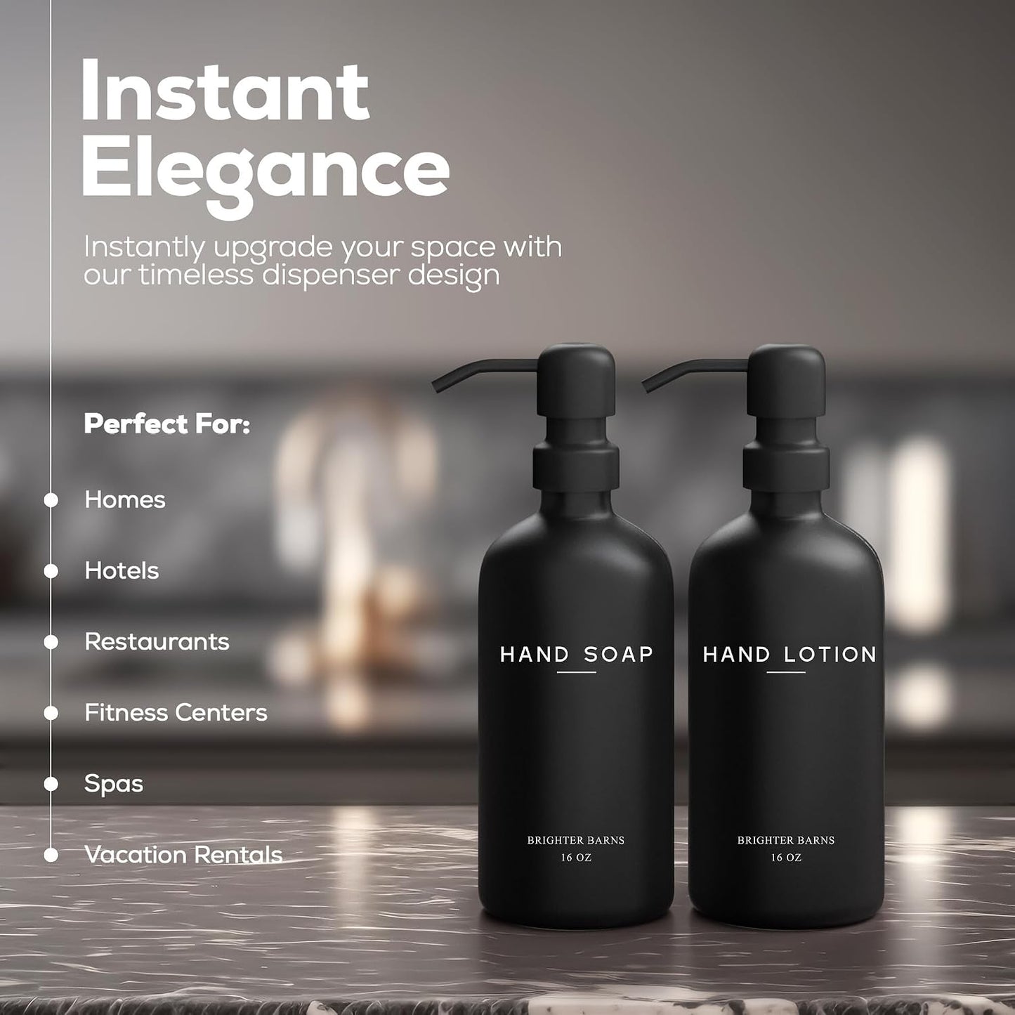 Black Glass Soap and Lotion Dispenser Set by Brighter Barns - Hand Soap Dispenser Bathroom Set - Bathroom Decor &