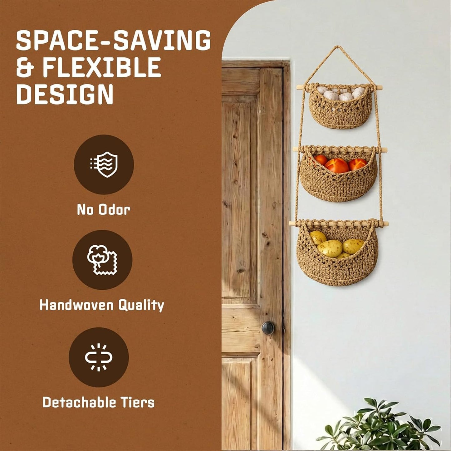 3 Tier Woven Wall Basket / Brown