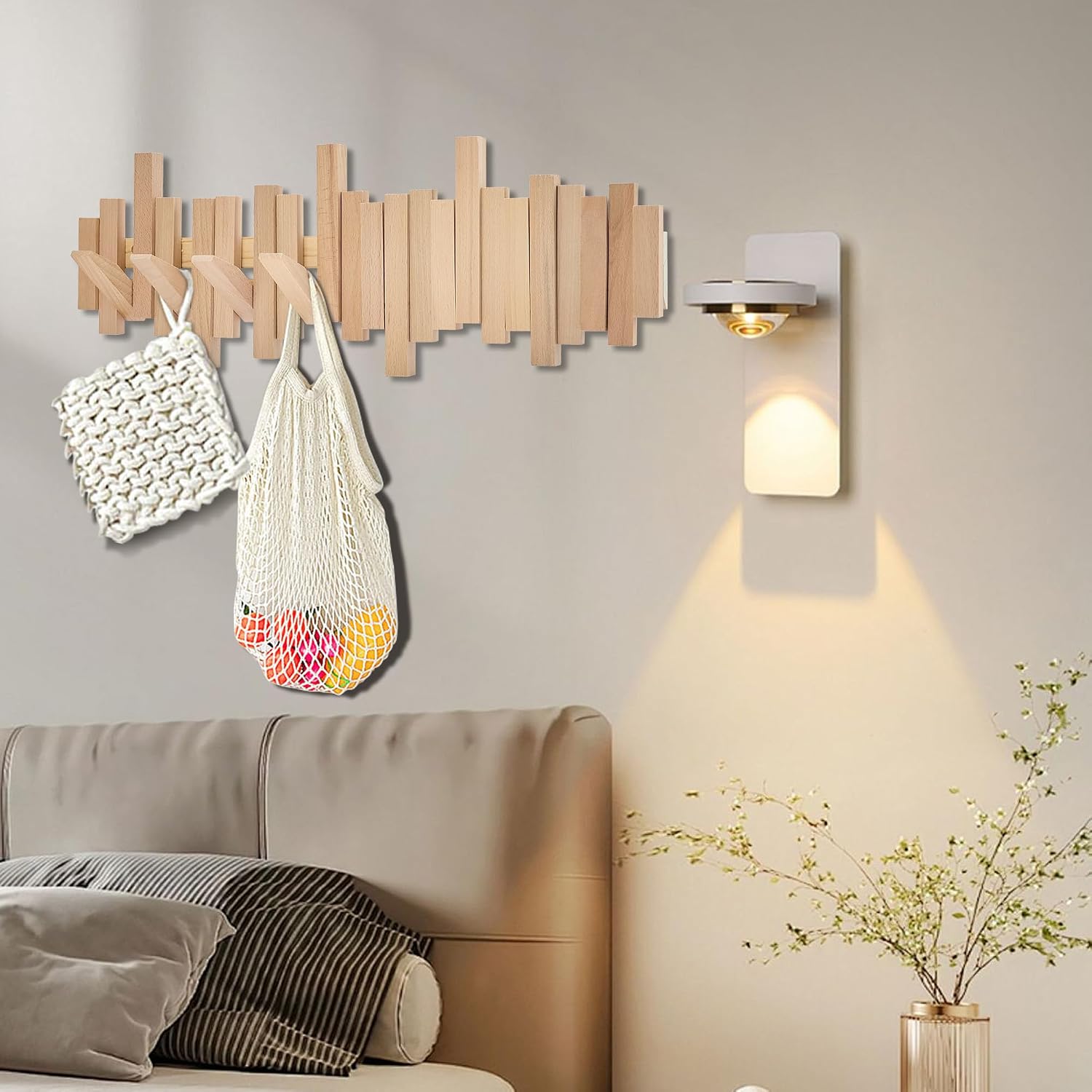 Natural Wood Wall Mounted Piano Coat Rack | Mounted Coat | Flip Up Wall Hook 8 Hooks | Entry Art Hooks in Walnut (Wood