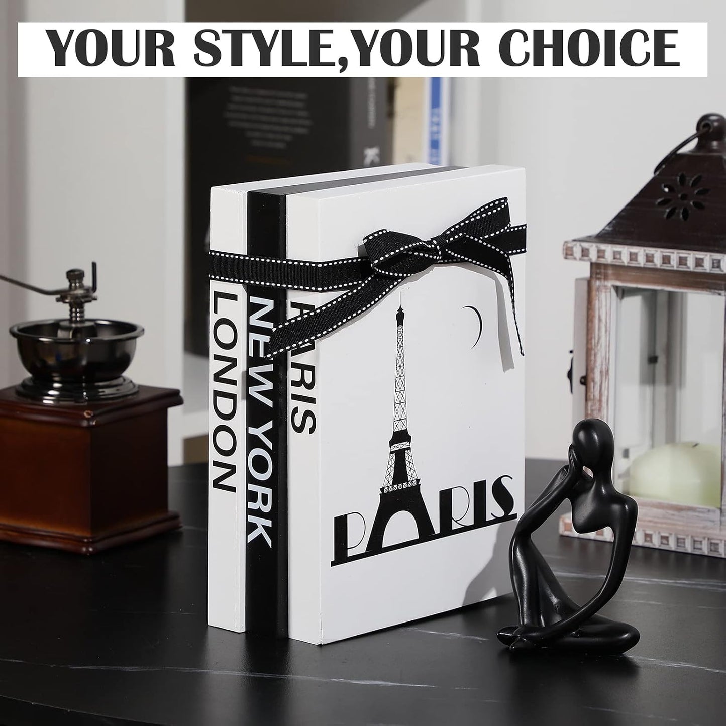 Resin Statue Thinker Decoration Wooden Farmhouse / Black, White / Paris, London, New York / Set of 4